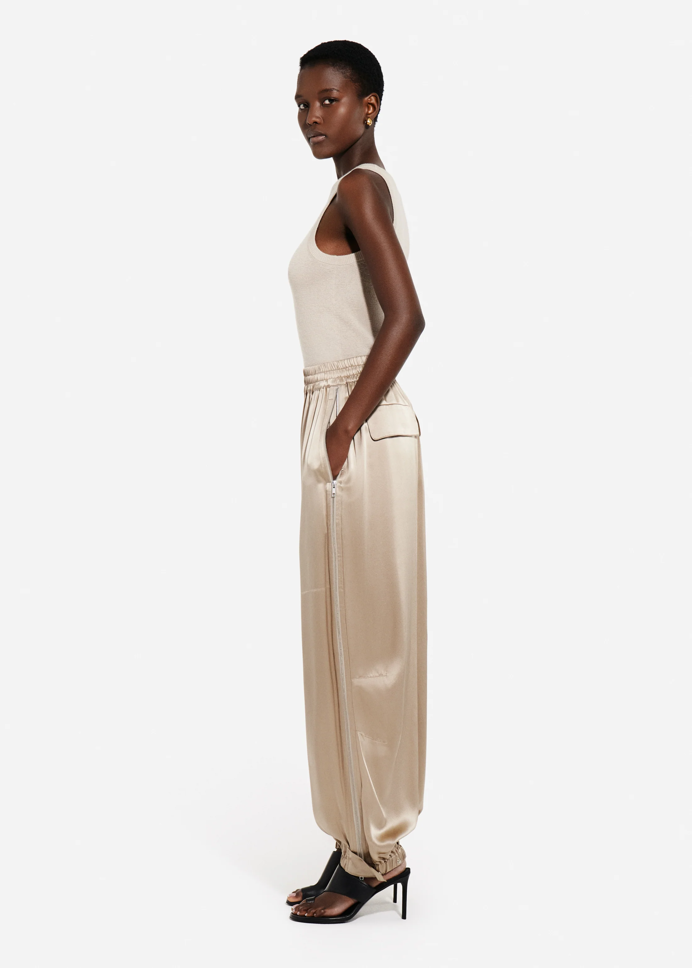 Articulated Vented Pant in Silk Charmeuse - Sesame - Image 3