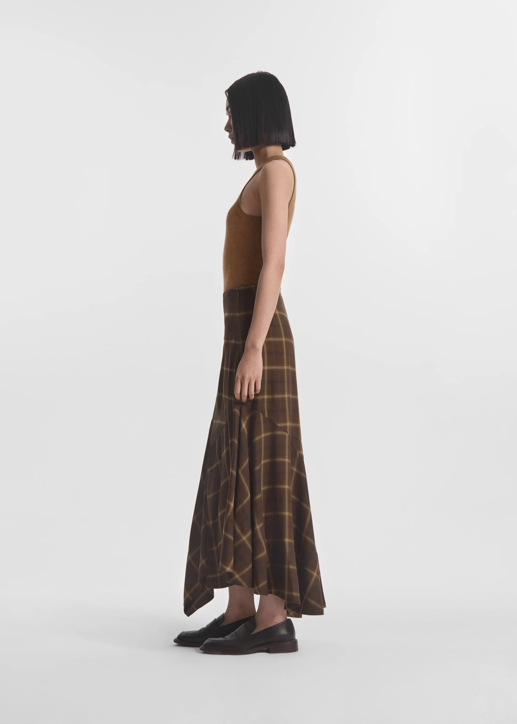 Asymmetric Full Skirt in Check Plaid - Chocolate - Image 3