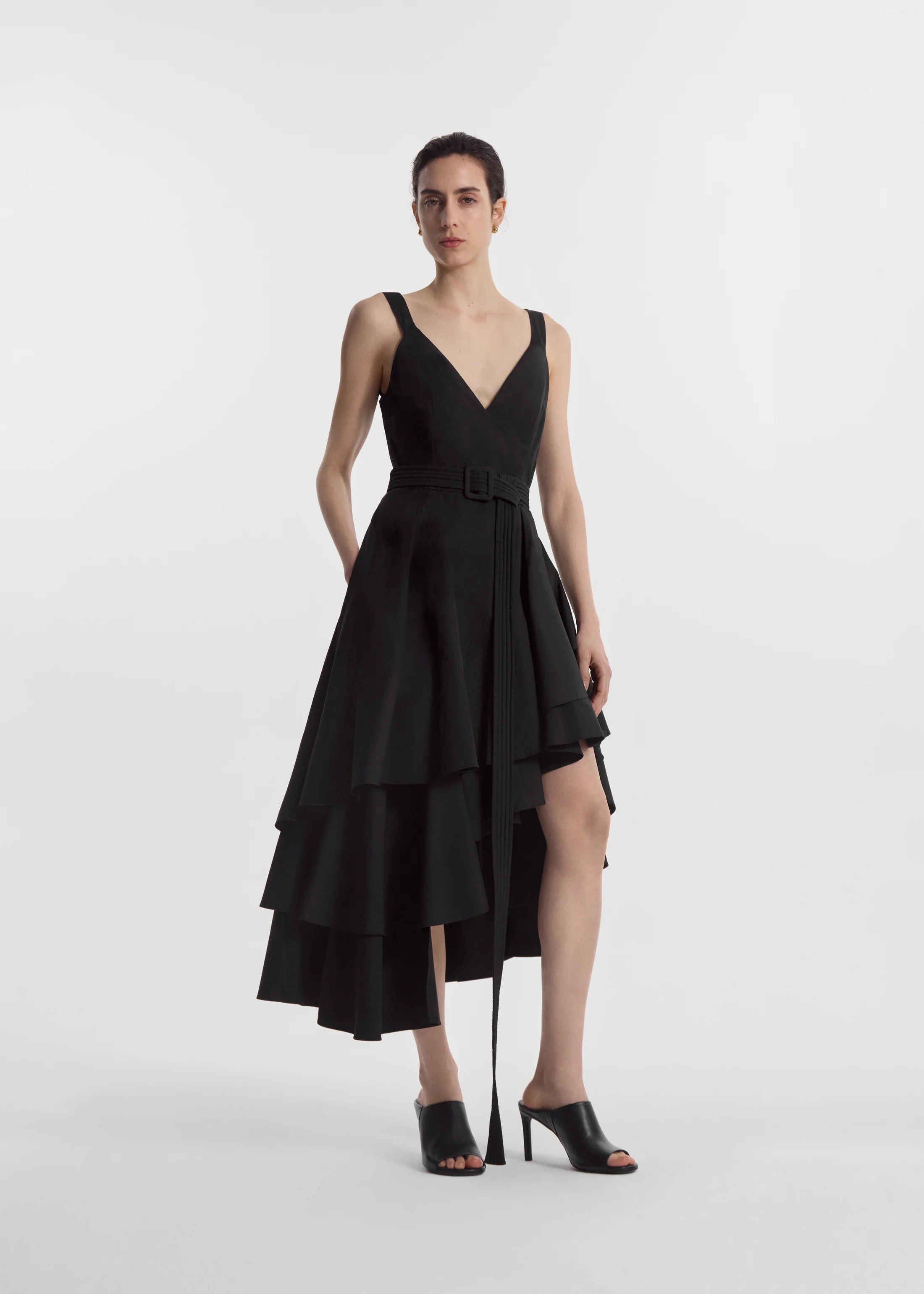 Asymmetric Layered Tank Dress in Cotton Poplin - Black - Image 4