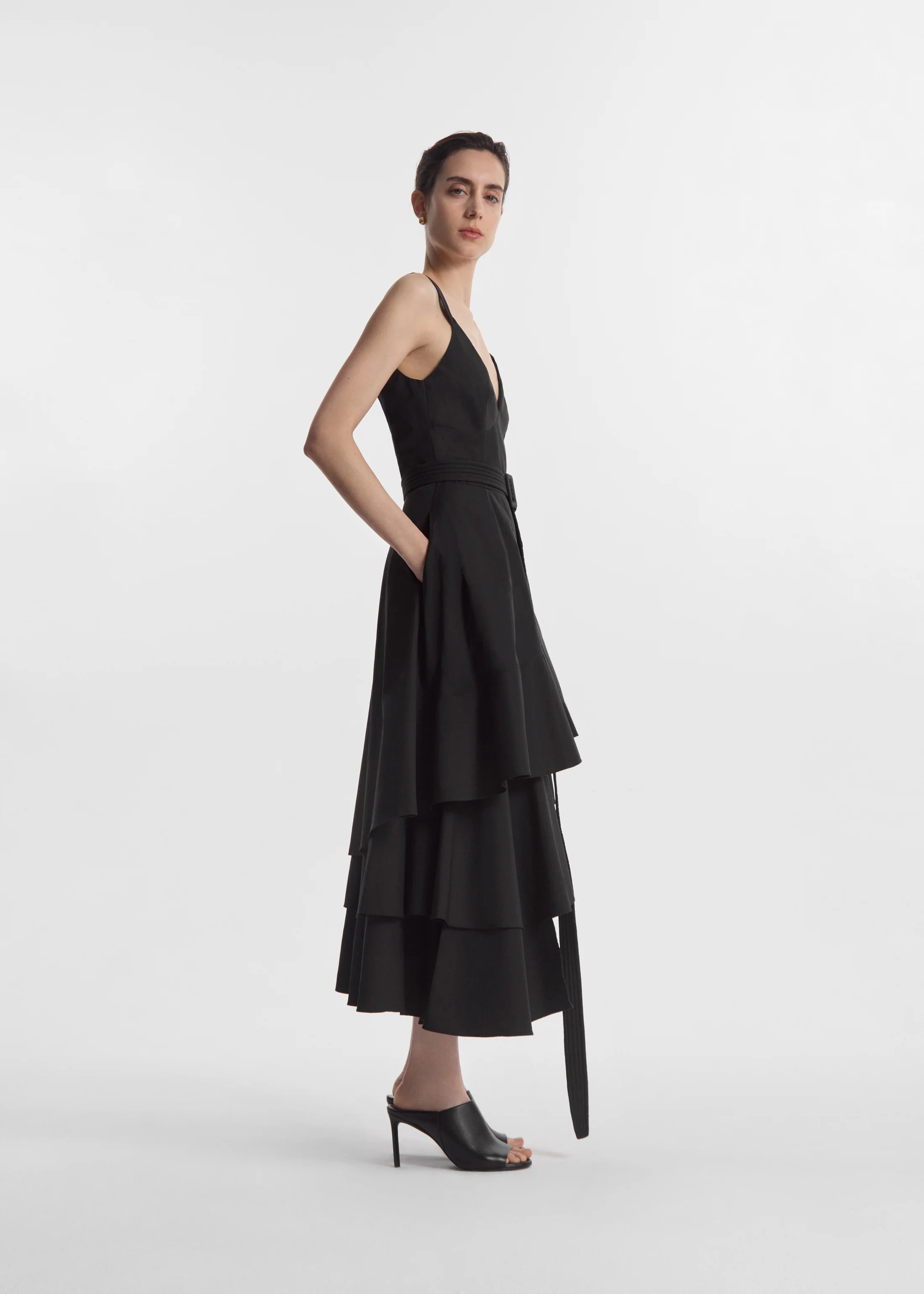 Asymmetric Layered Tank Dress in Cotton Poplin - Black - Image 5
