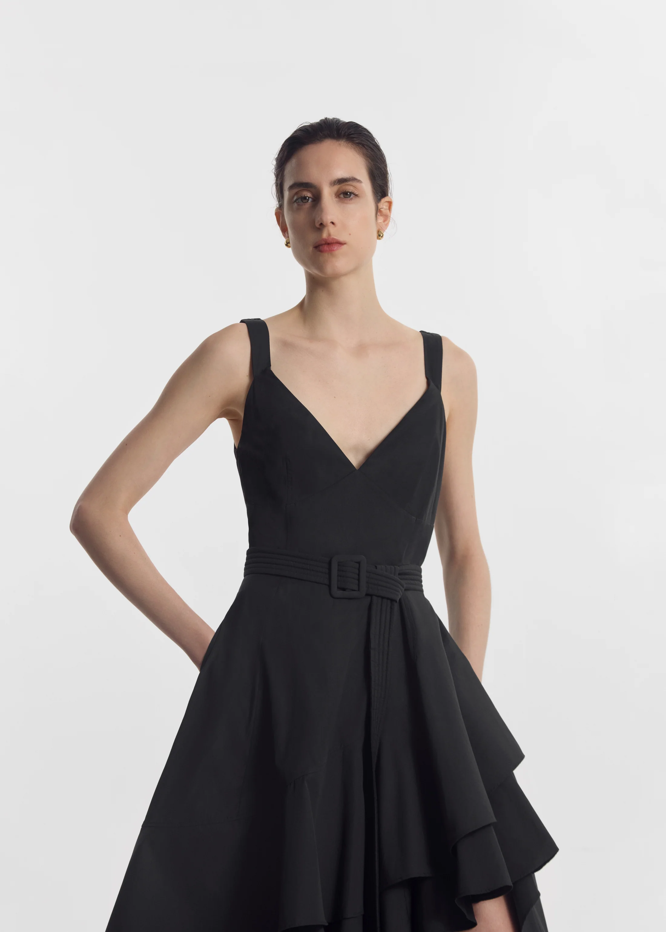 Asymmetric Layered Tank Dress in Cotton Poplin - Black - Image 6