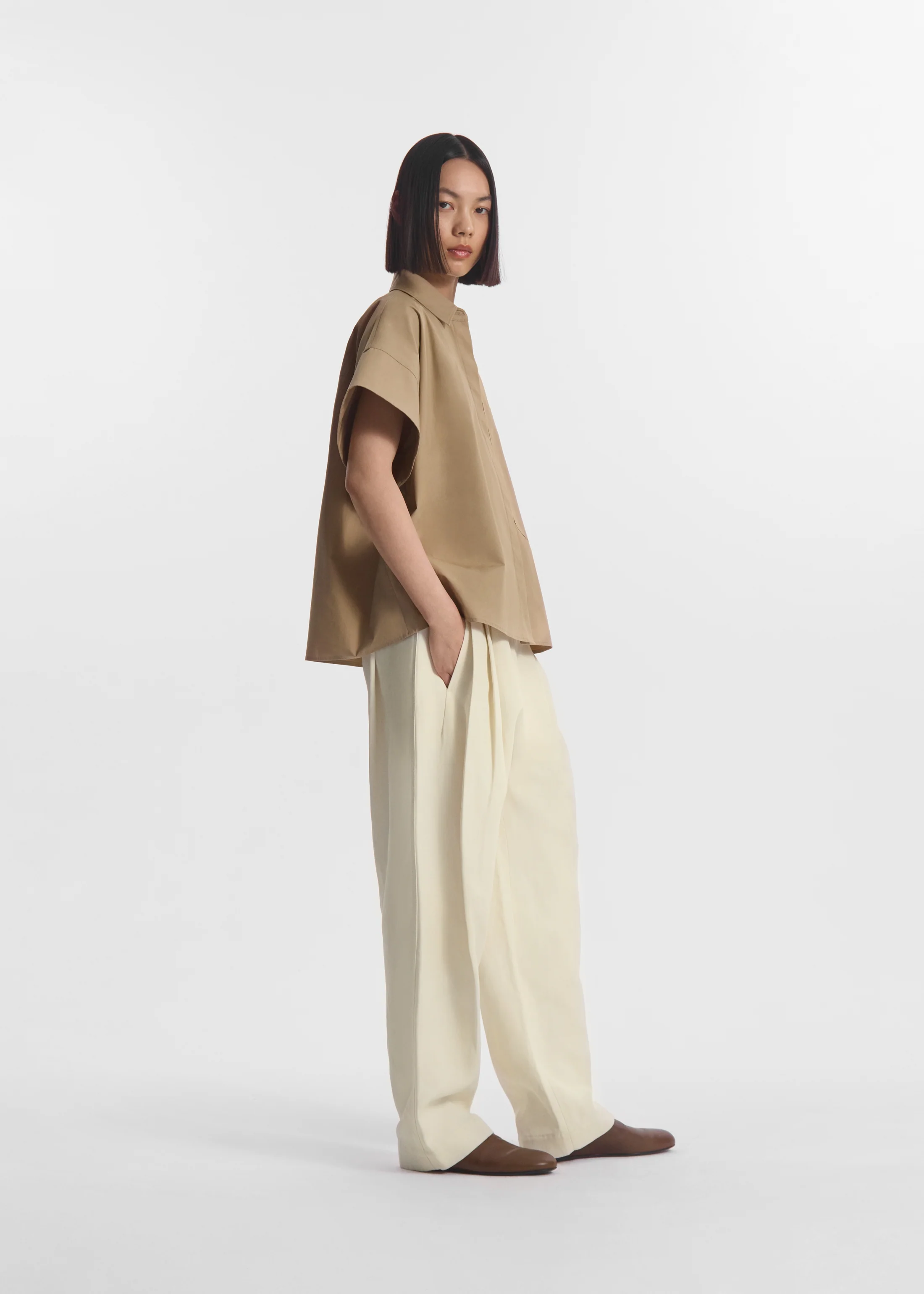 Boxy Short Sleeve Shirt in Cotton Poplin - Camel - Image 3