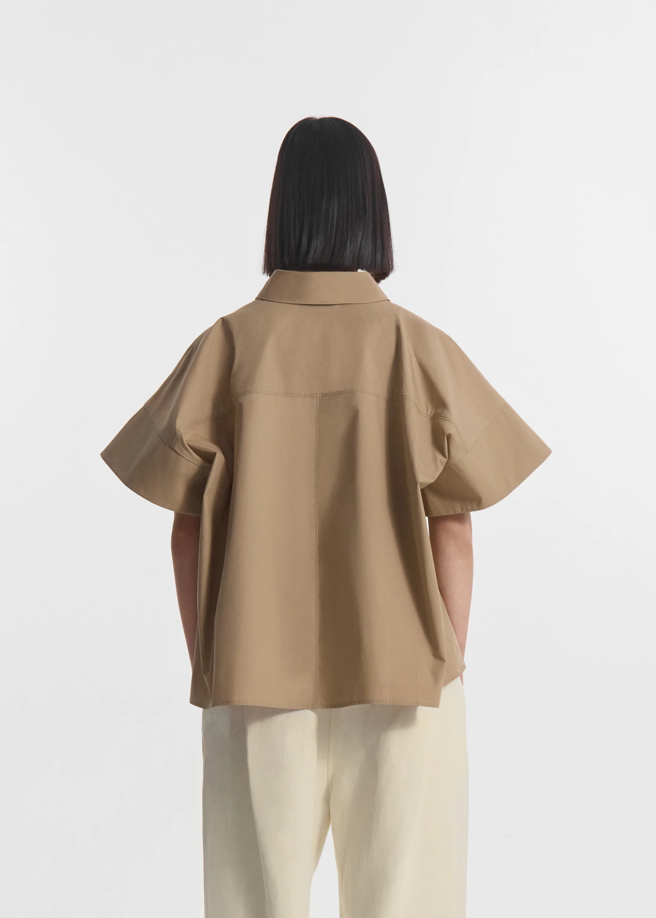 Boxy Short Sleeve Shirt in Cotton Poplin - Camel - Image 4