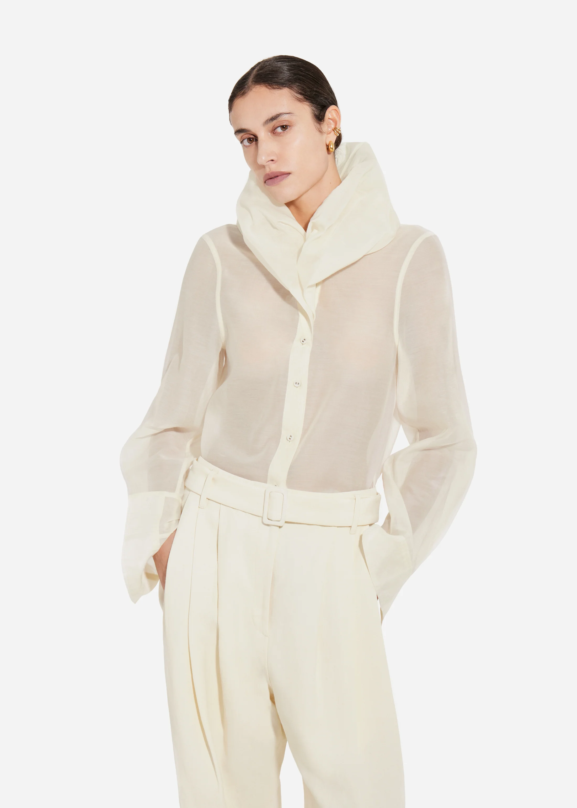 Cloud Collar Shirt in Cotton Silk Voile - Pearl