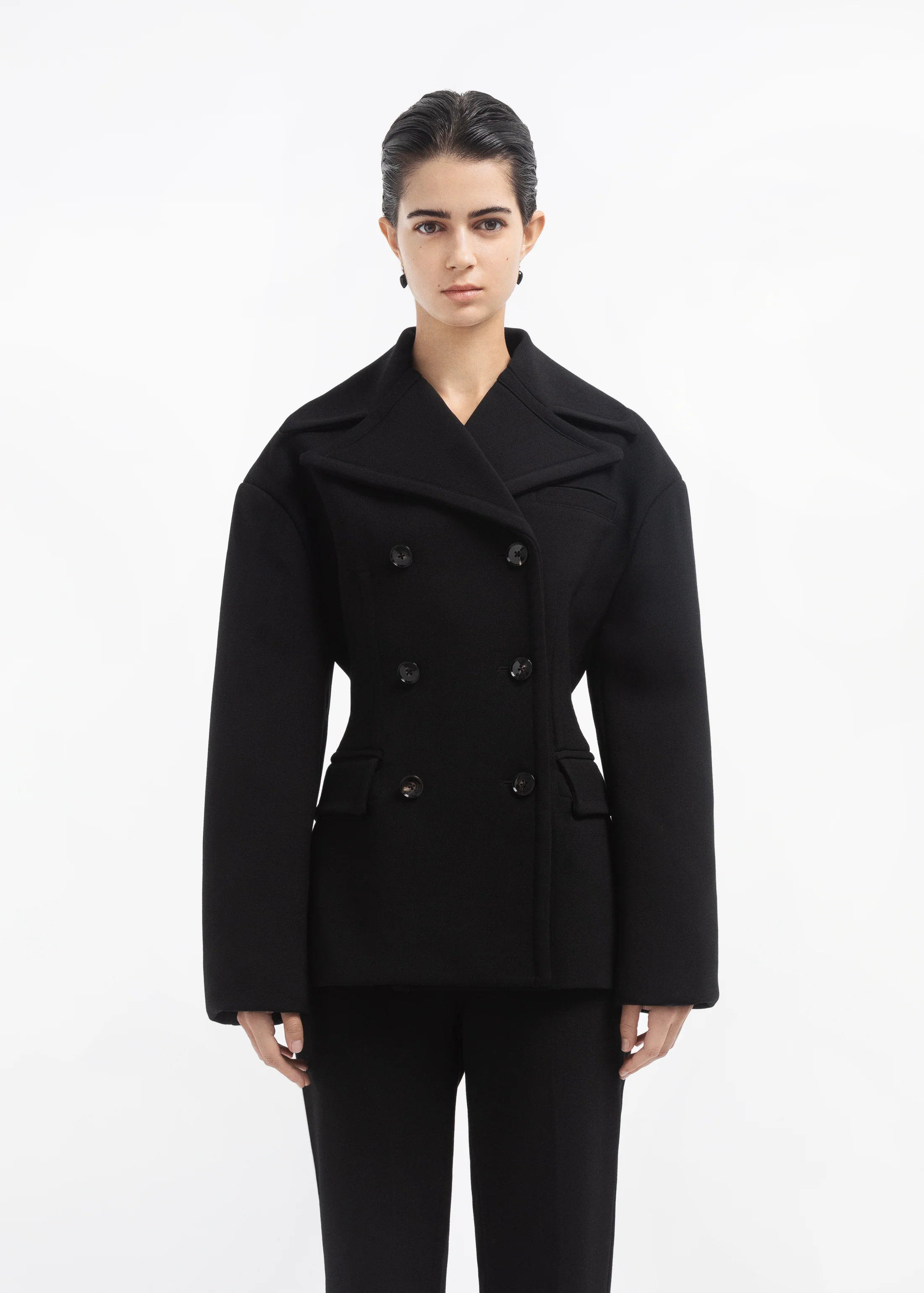 Oversized Double Breasted Peplum Jacket in Wool - Black