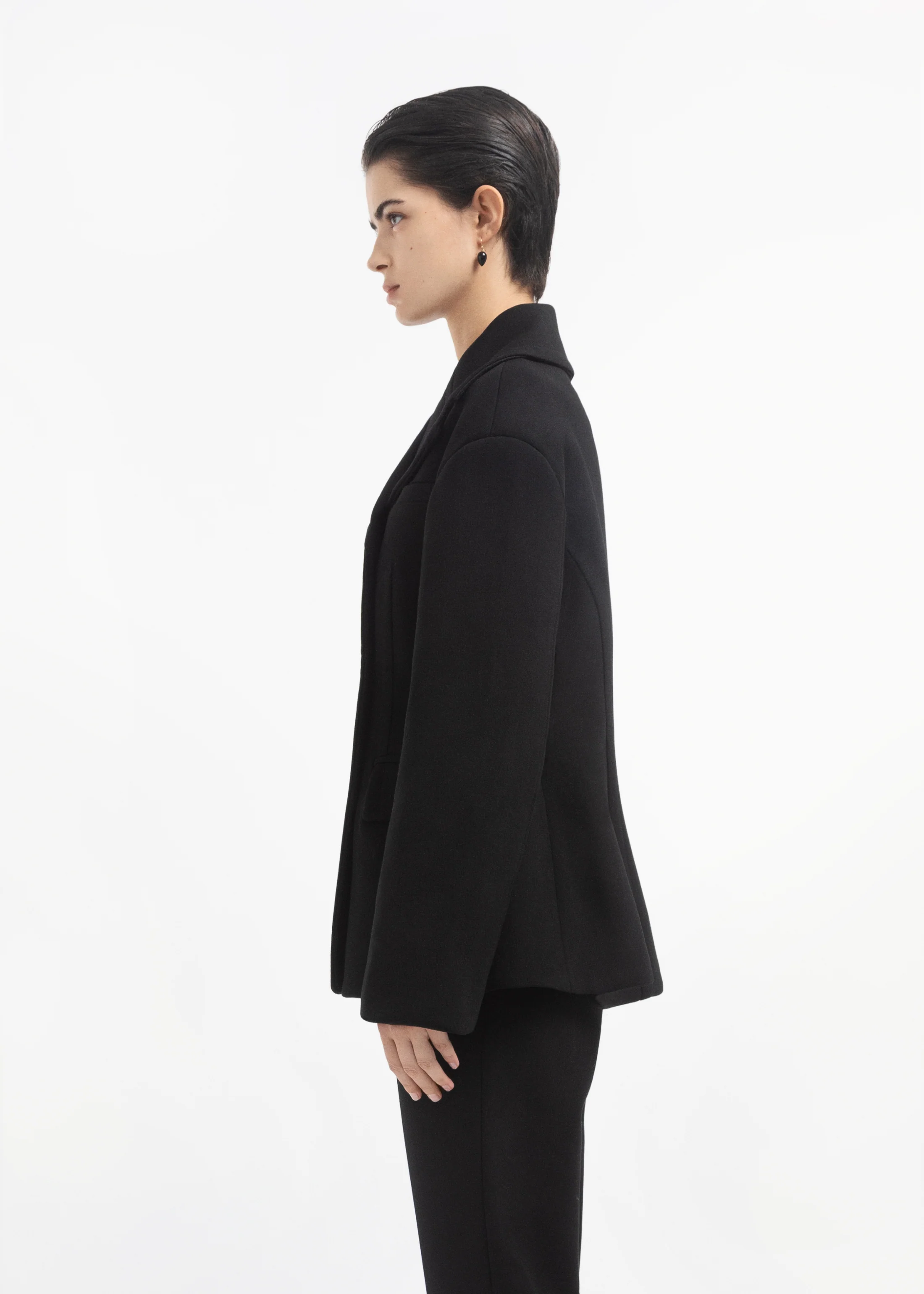 Oversized Double Breasted Peplum Jacket in Wool - Black - Image 3