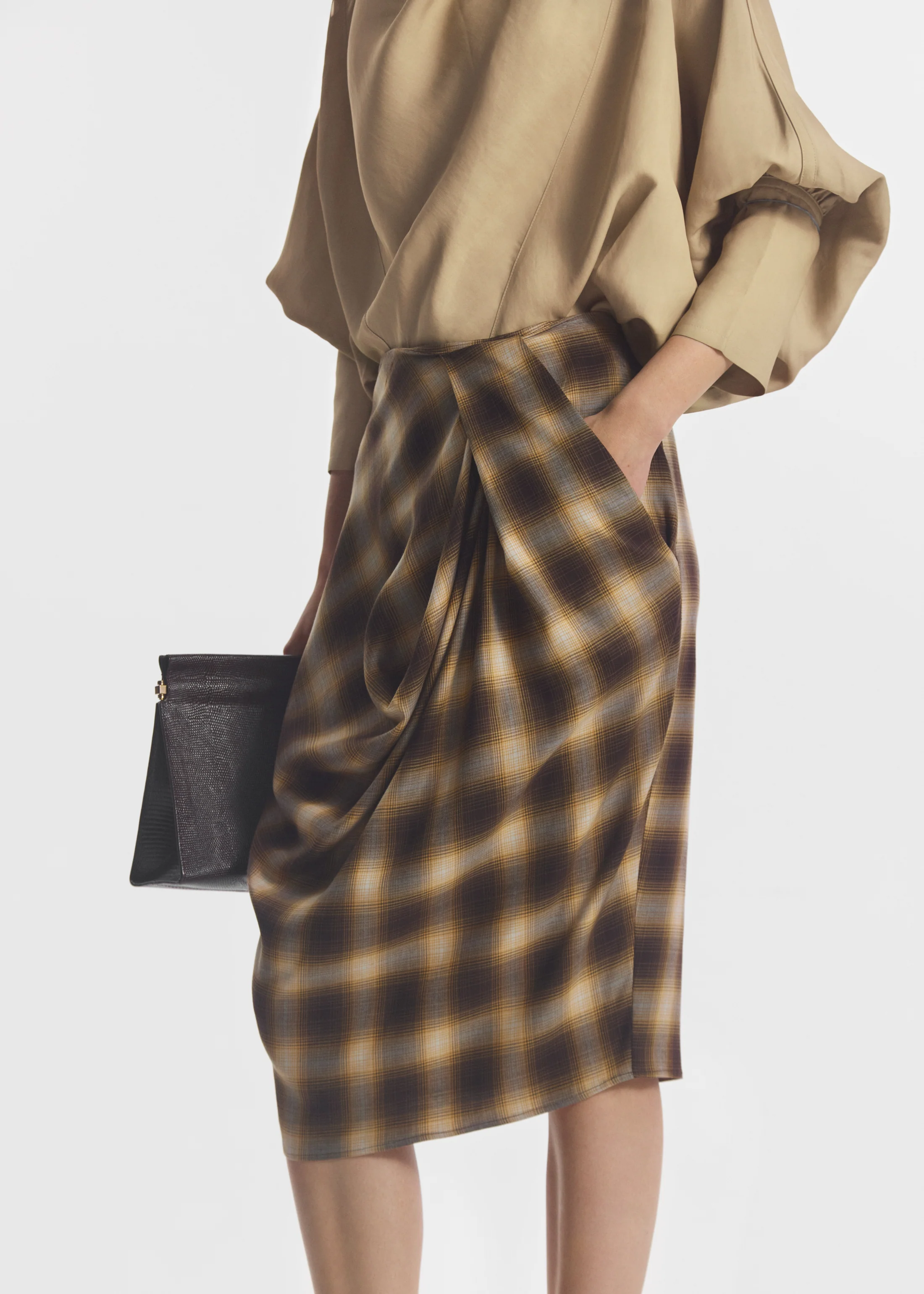 Draped Skirt in Tencel Plaid - Brown Multi