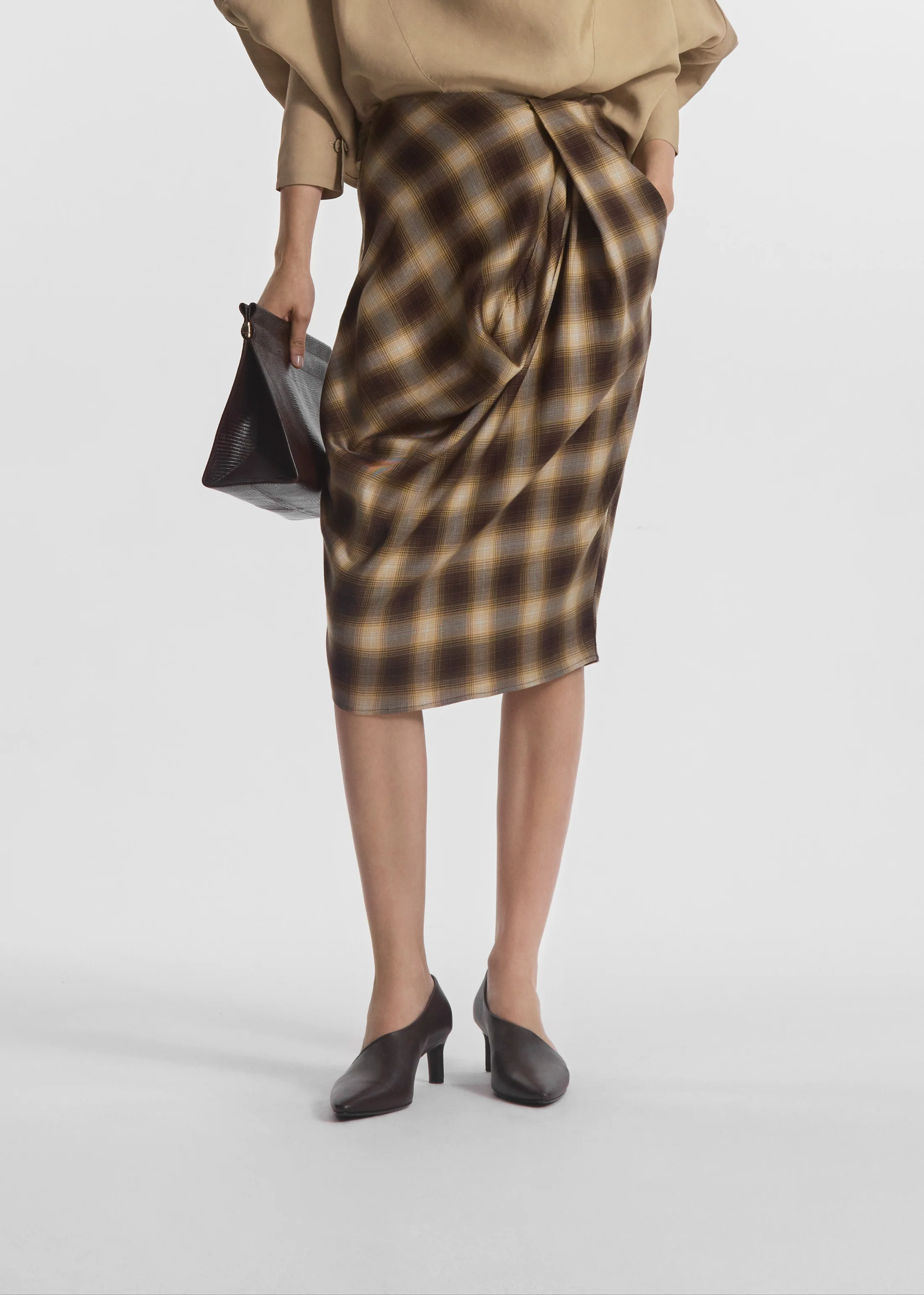 Draped Skirt in Tencel Plaid - Brown Multi - Image 3