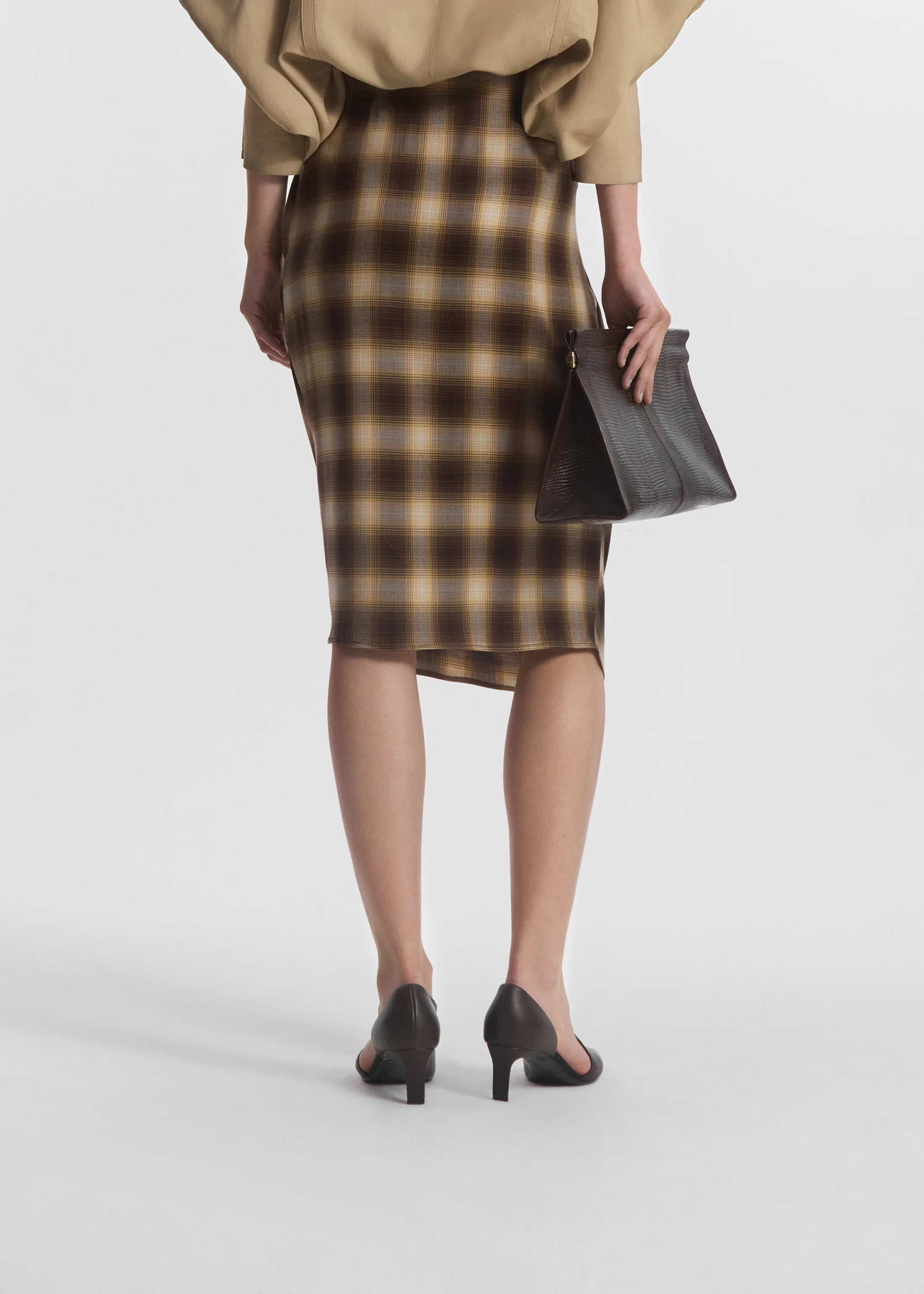 Draped Skirt in Tencel Plaid - Brown Multi - Image 4