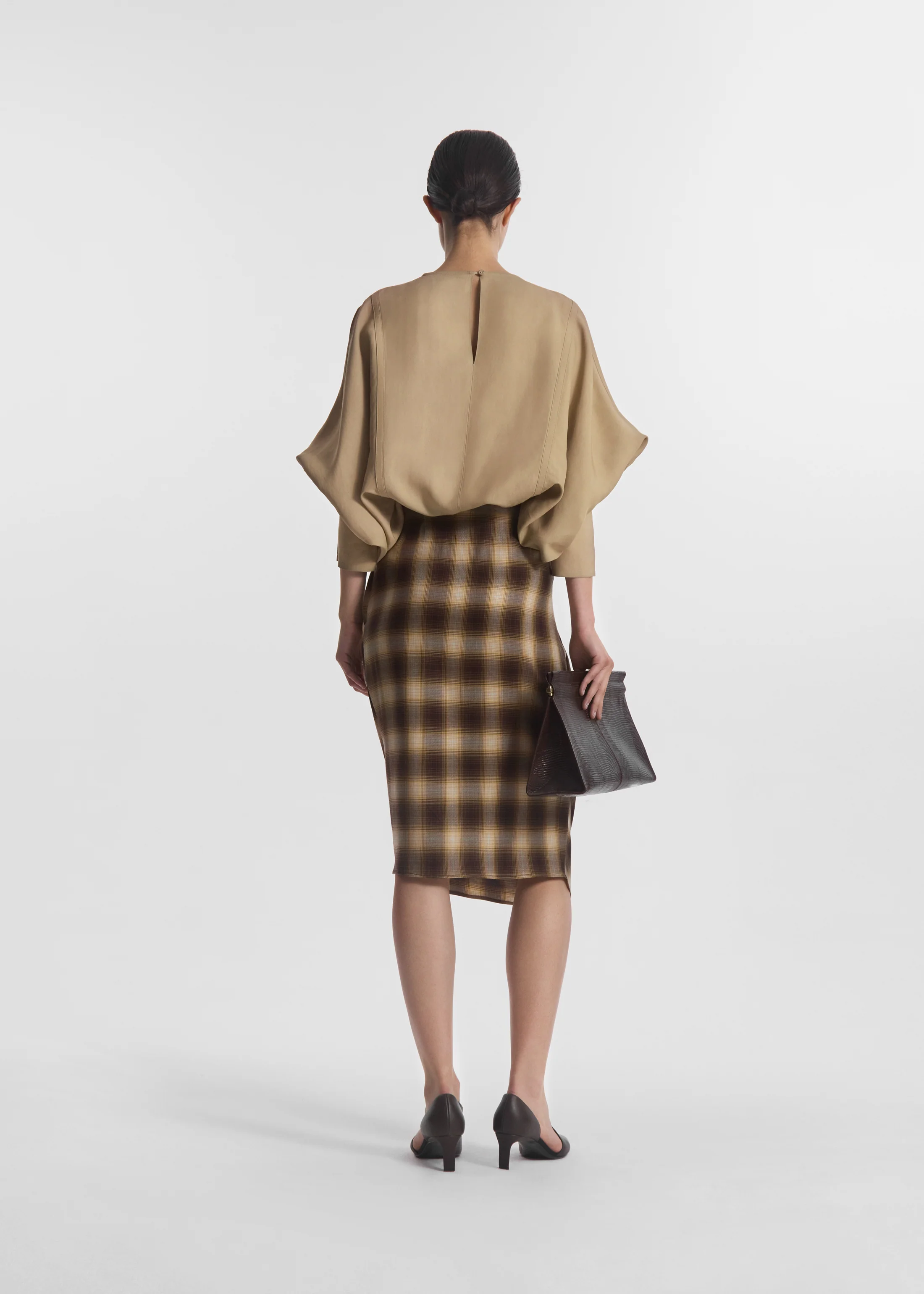 Draped Skirt in Tencel Plaid - Brown Multi - Image 5