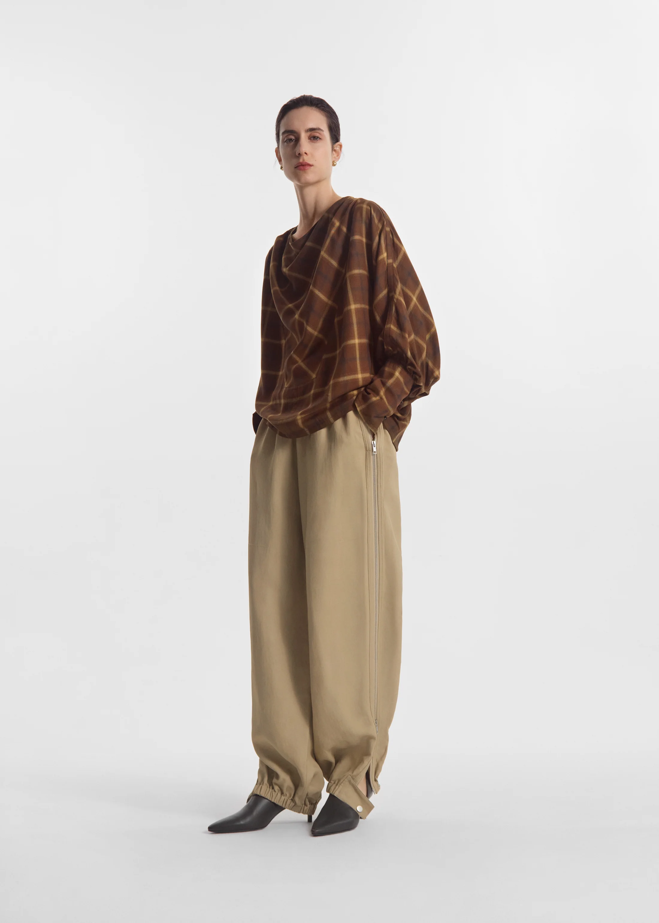 Draped Tunic Top in Check Plaid - Chocolate - Image 3