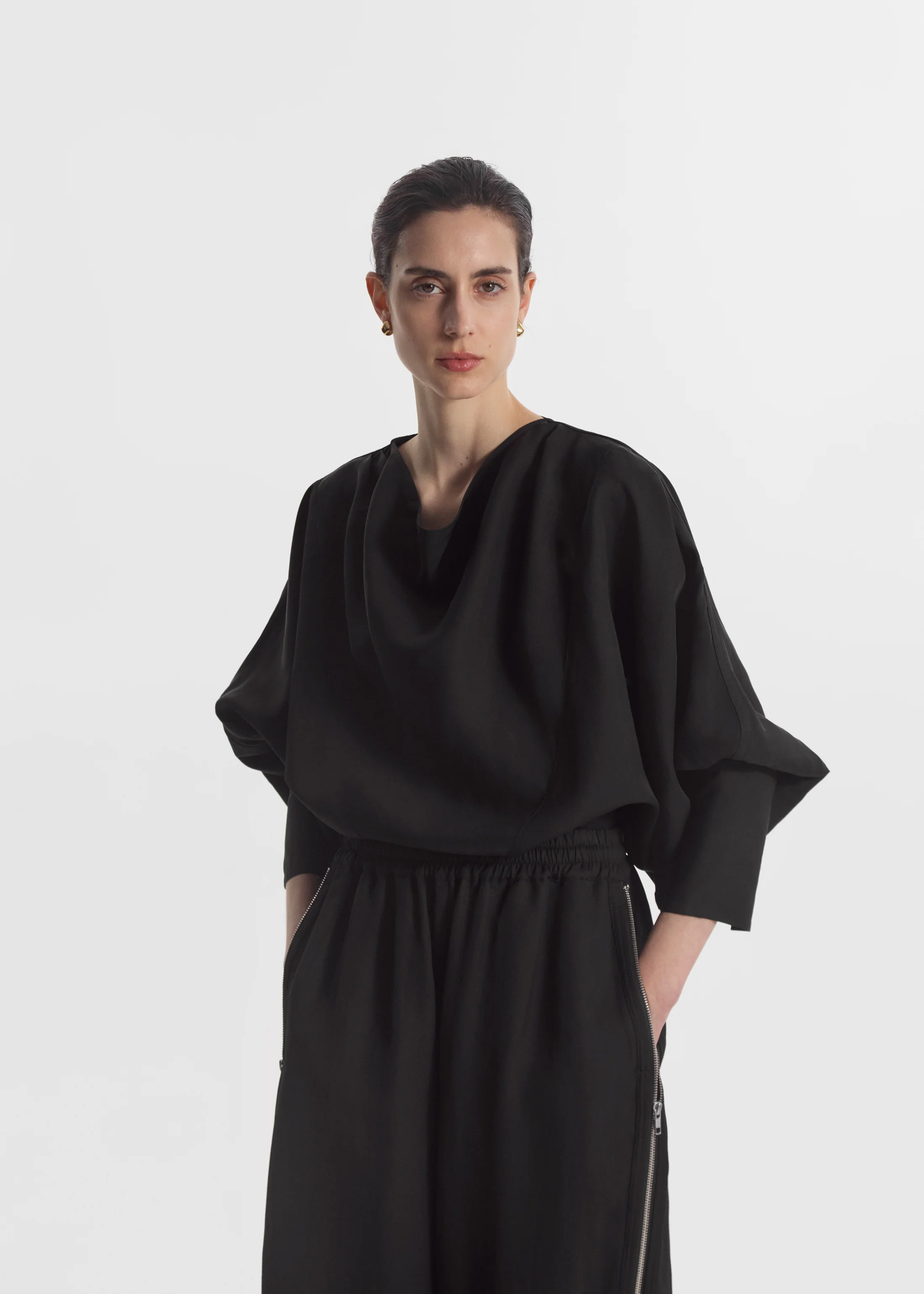 Draped Tunic Top in Viscose Silk - Black