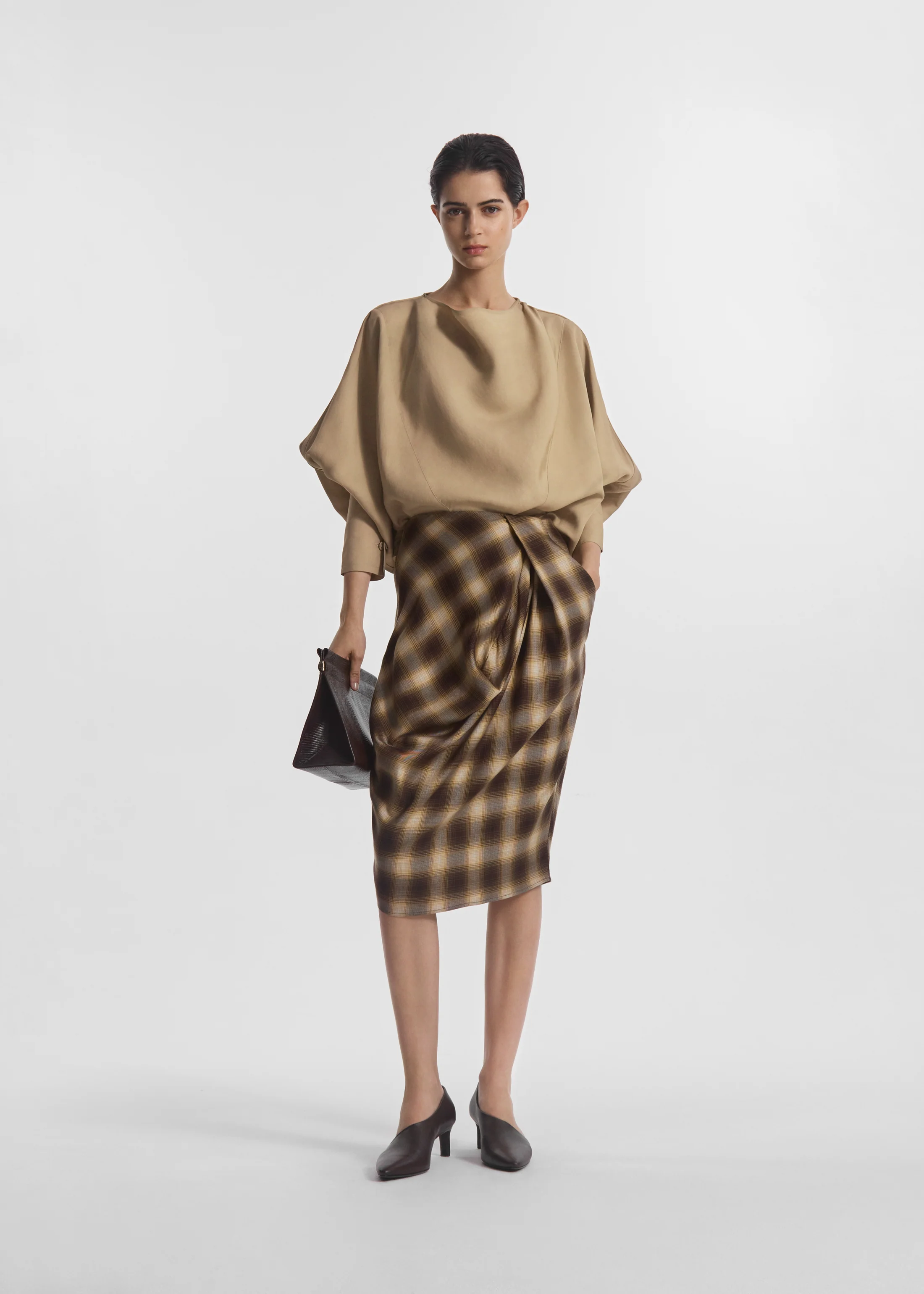 Draped Tunic Top in Viscose Silk - Khaki - Image 3
