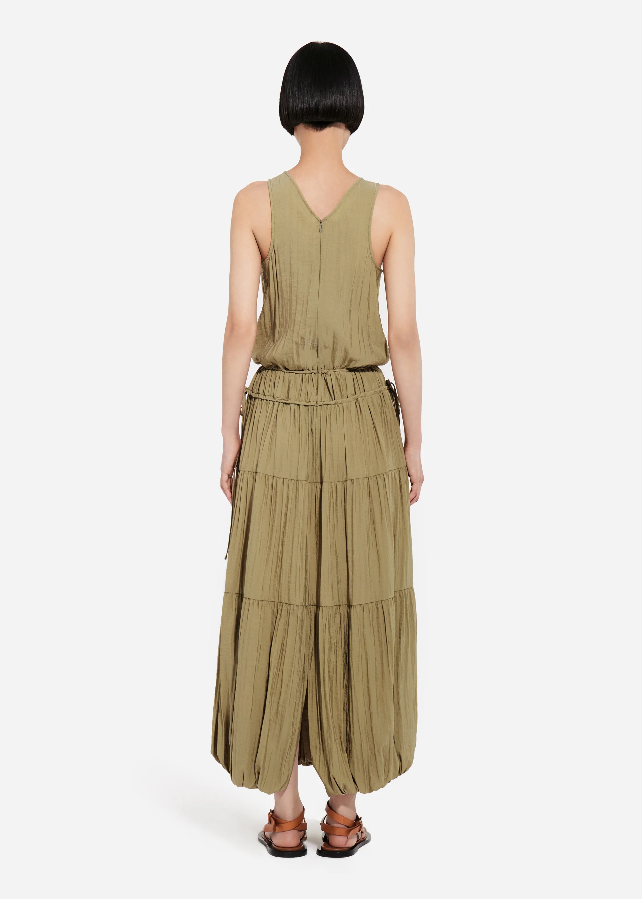 Drawstring Pleat Dress in Wrinkled Nylon - Aloe - Image 3