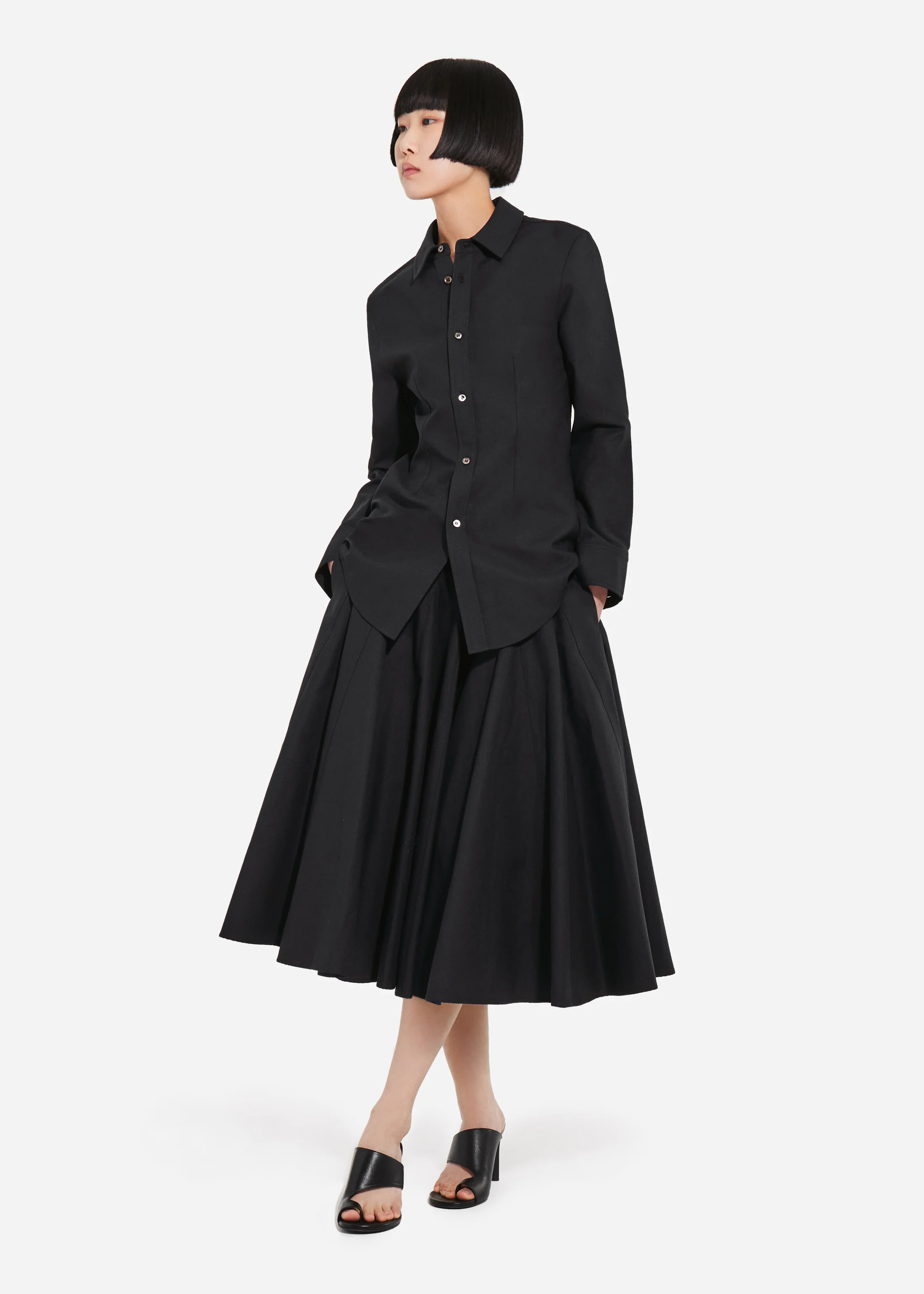 Fitted Button Down Shirt in Cotton Pique - Black - Image 2