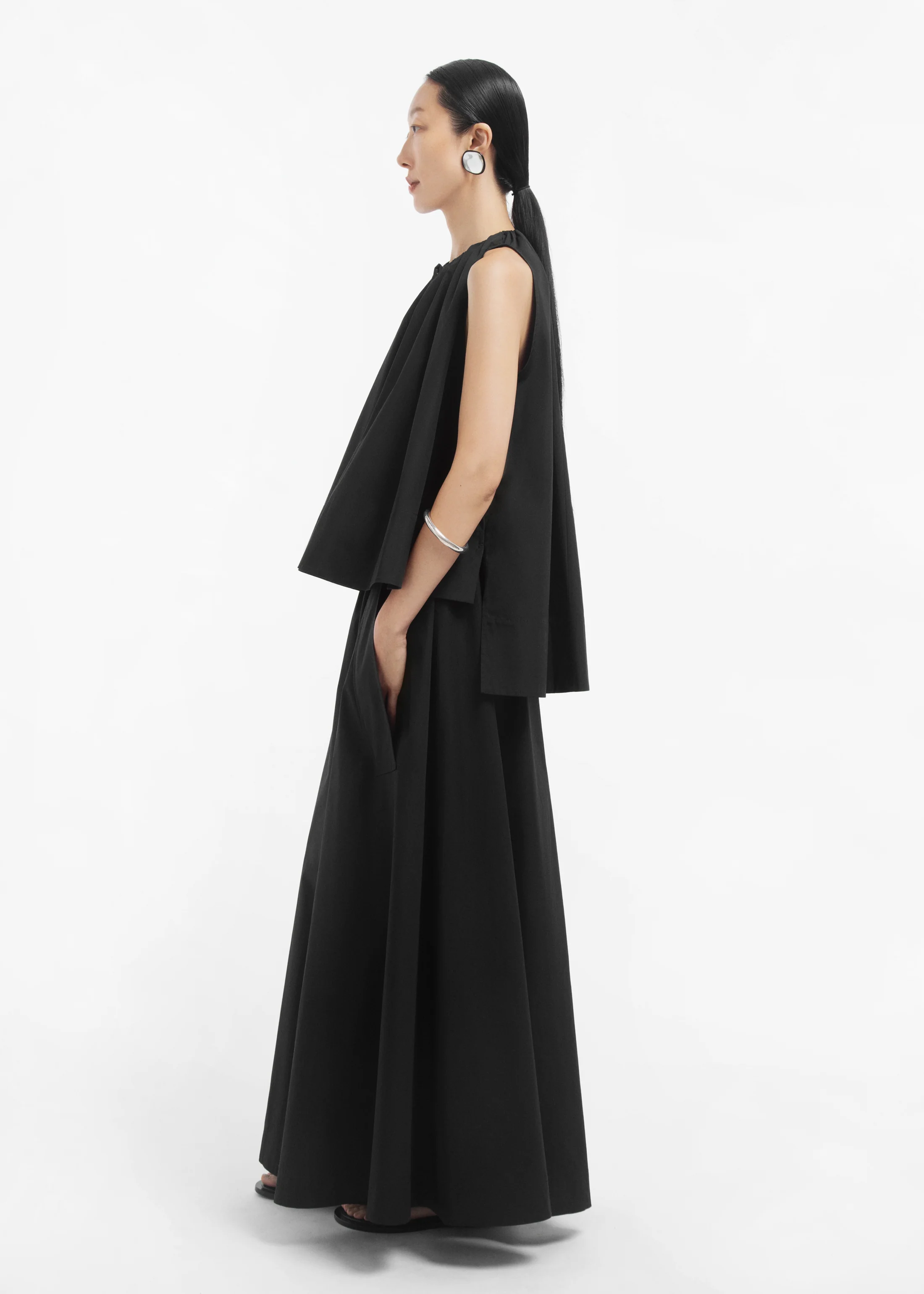 Gathered Tunic Shirt in Cotton Poplin - Black - Image 3
