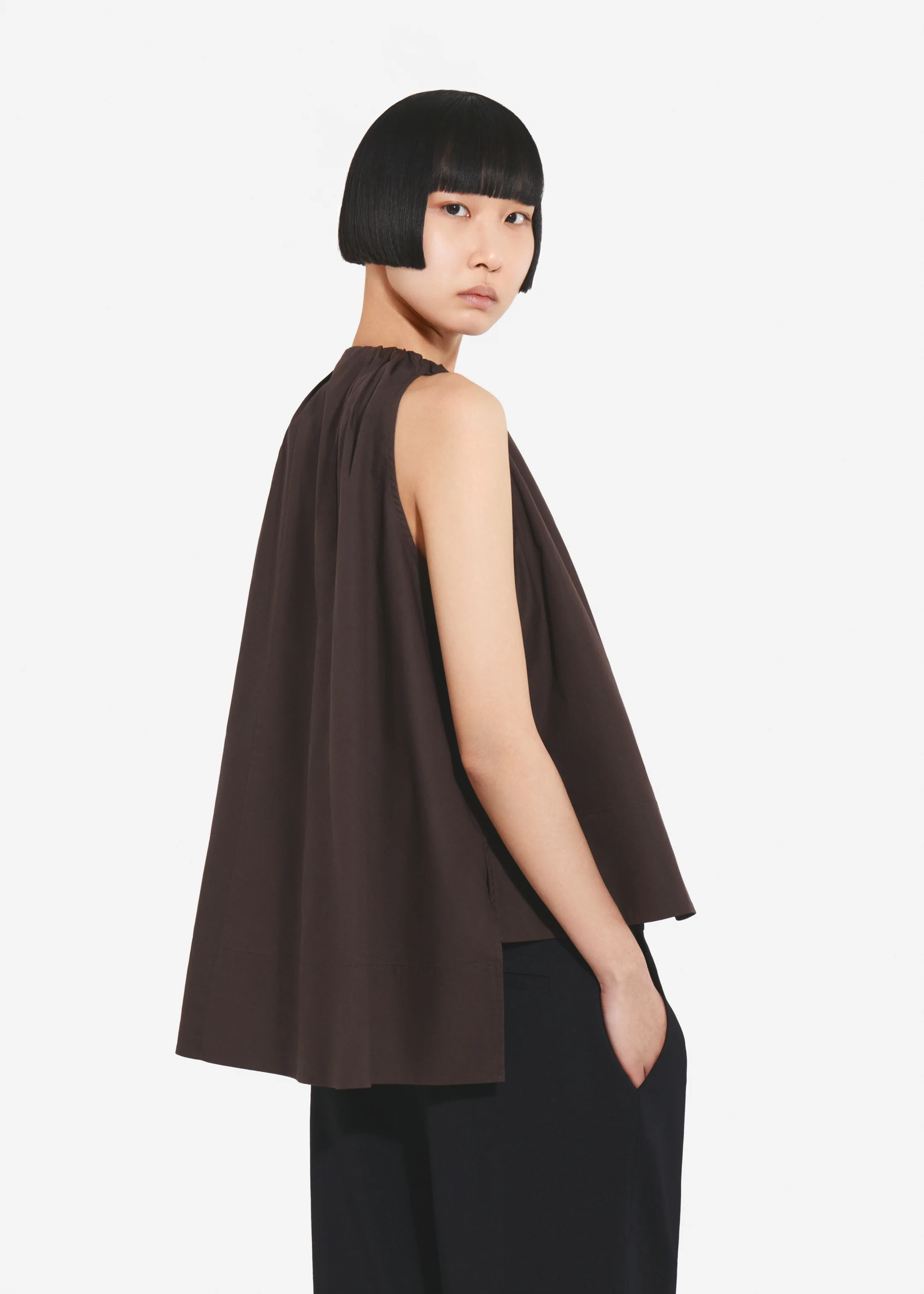 Gathered Tunic Shirt in Cotton Poplin - Chocolate - Image 3
