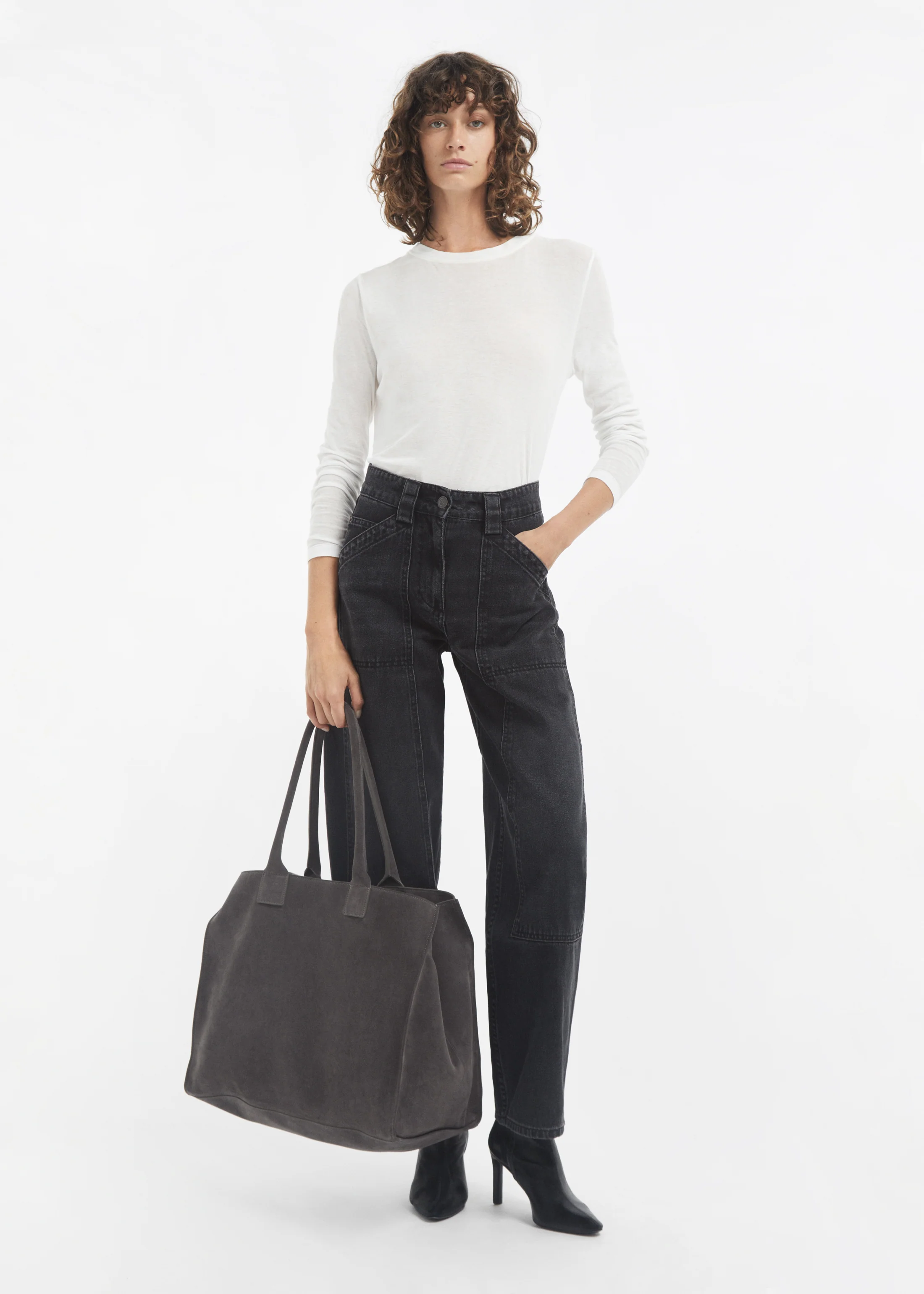 Large Tote Bag in Suede - Grey - Image 6