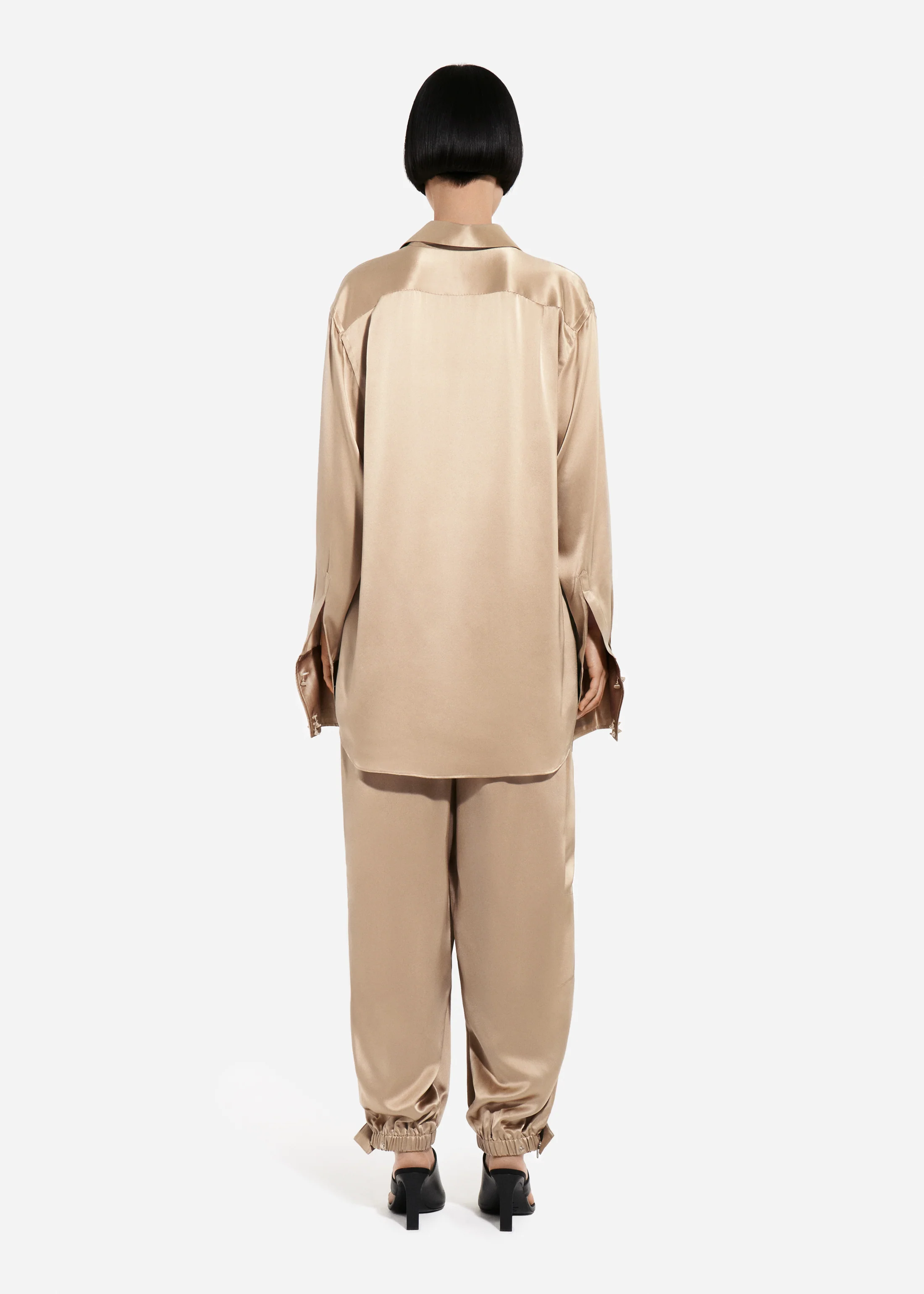 Mens Collared Shirt in Silk Charmeuse - Sesame - Image 3