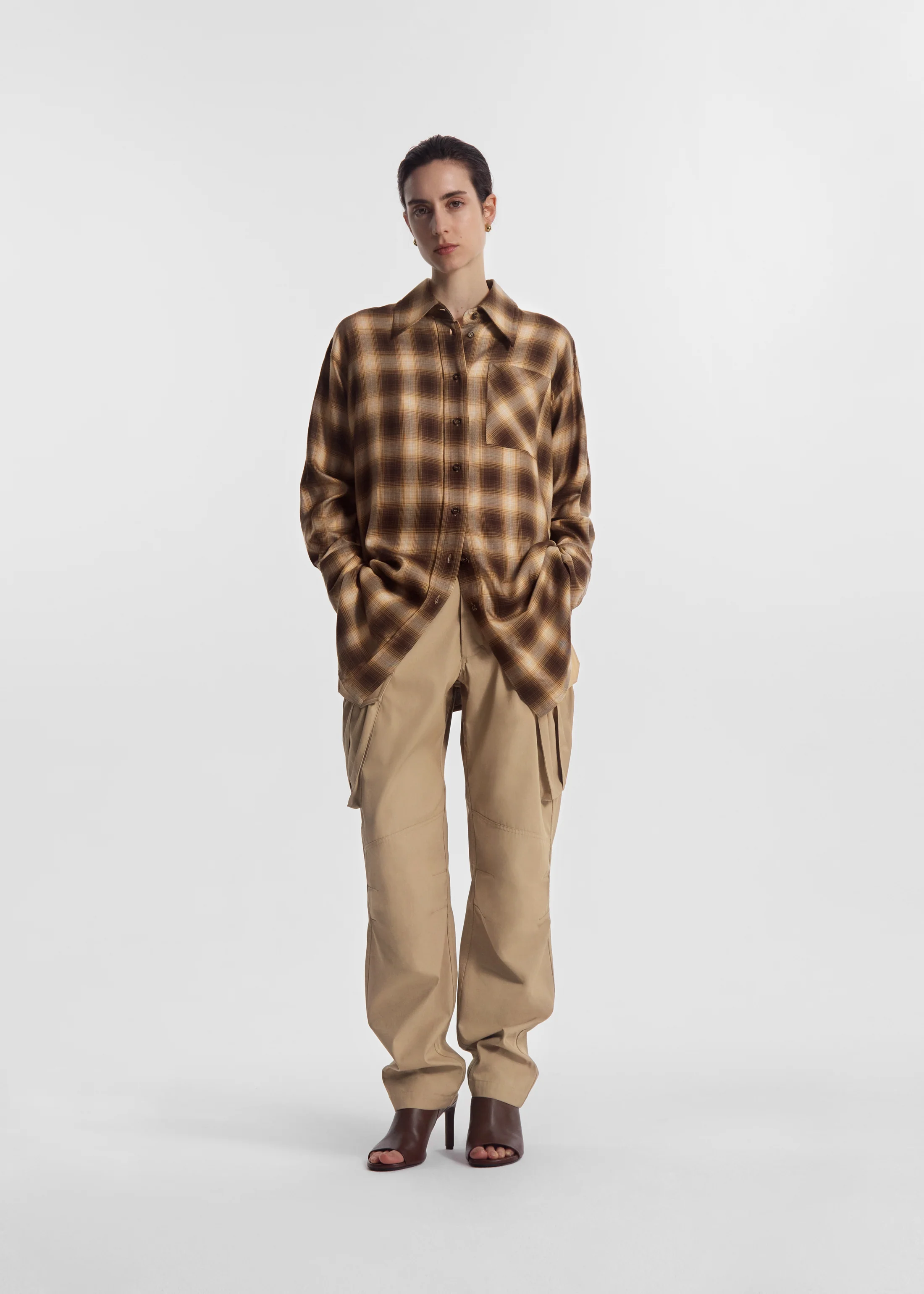 Oversized Shirt in Tencel Plaid - Brown Multi - Image 2
