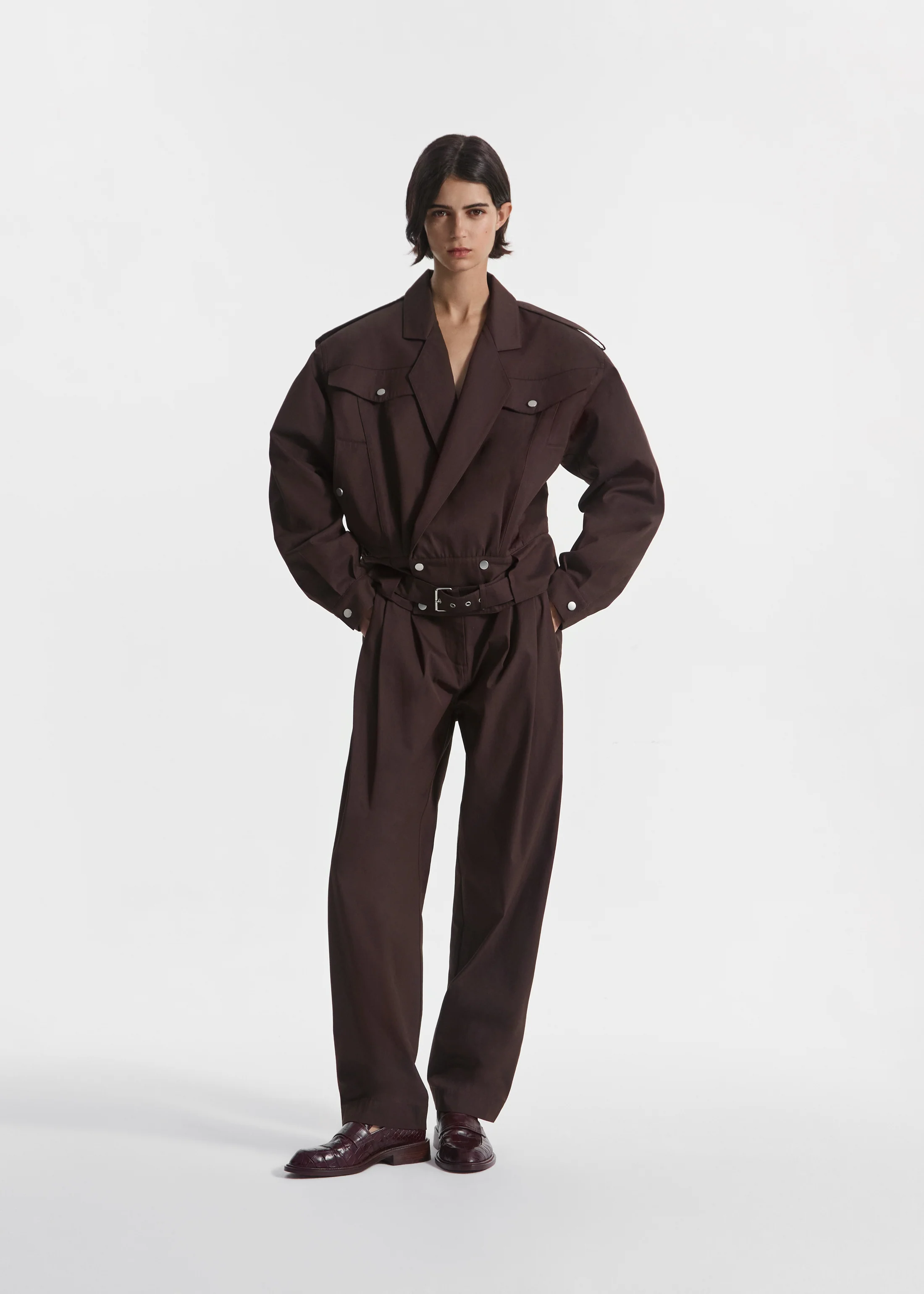 Wide Leg Pleated Pants in Cotton Twill - Chocolate - Image 3