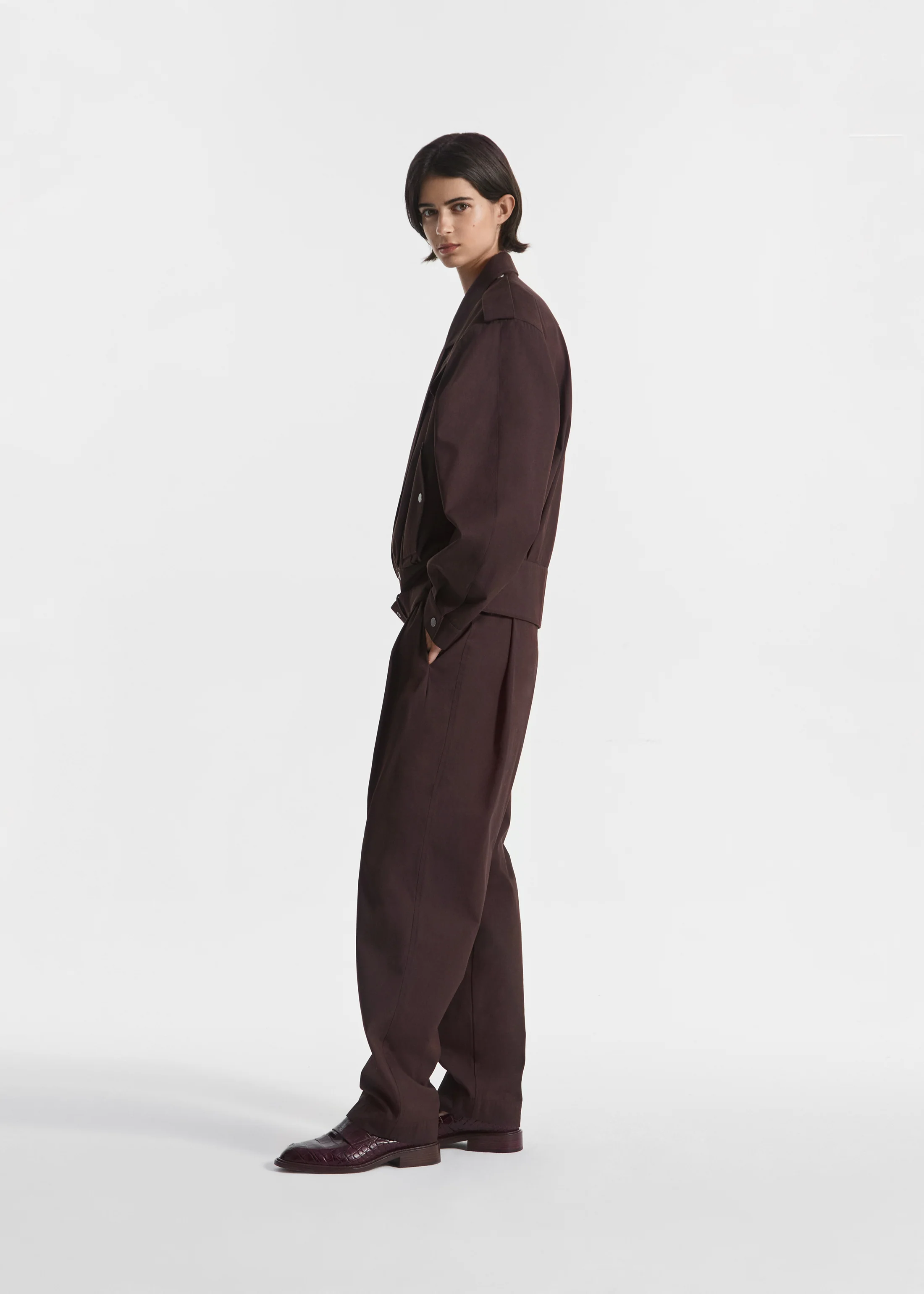 Wide Leg Pleated Pants in Cotton Twill - Chocolate - Image 4