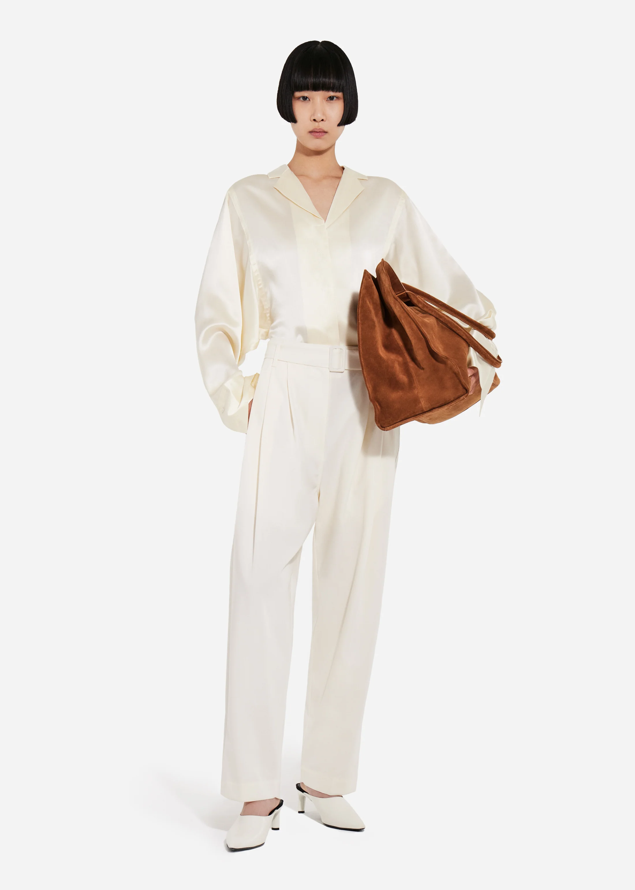 Belted Pleated Pant in Cotton - Milk - Image 3