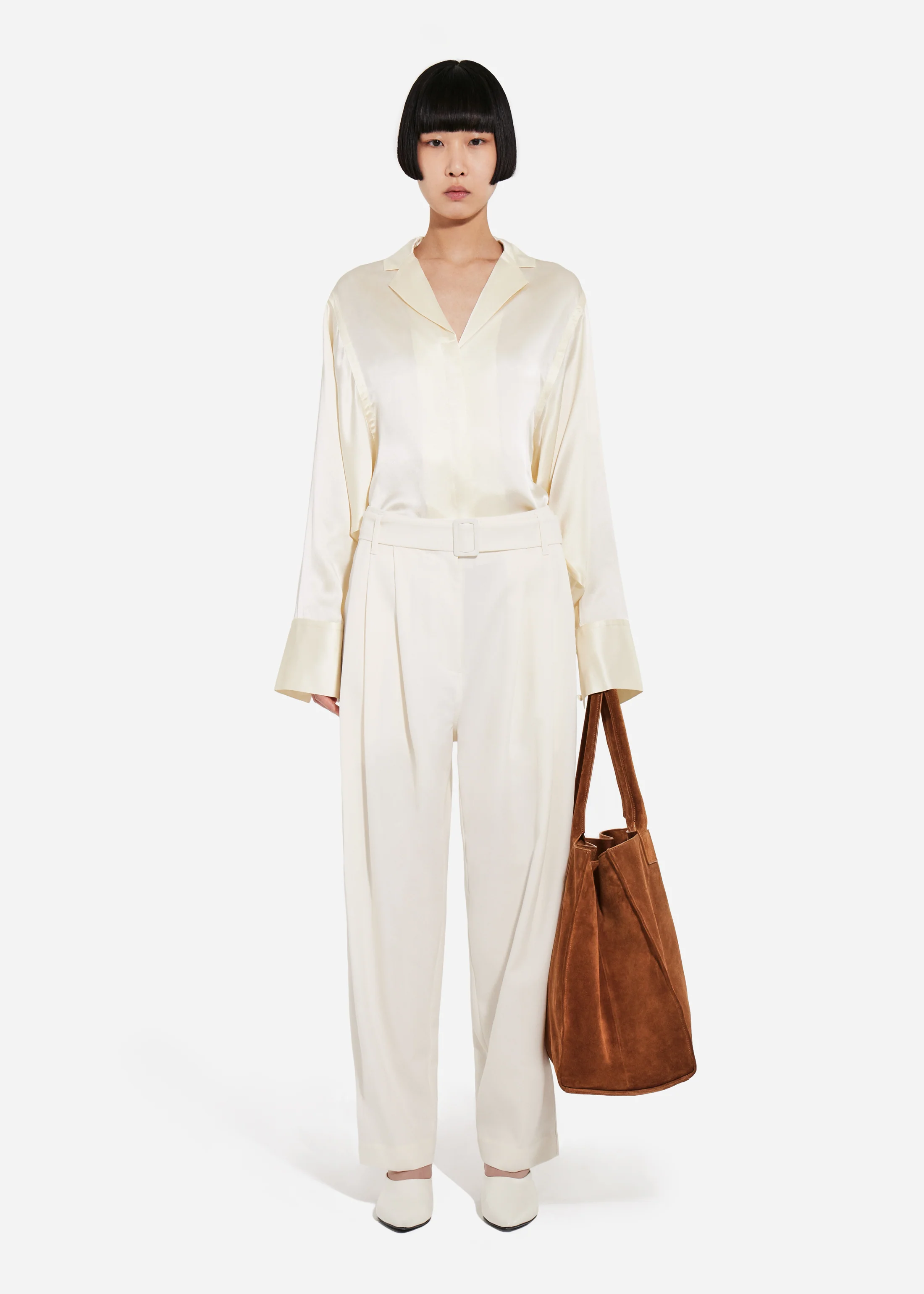 Relaxed Button Down Shirt in Silk Charmeuse - Pearl - Image 2