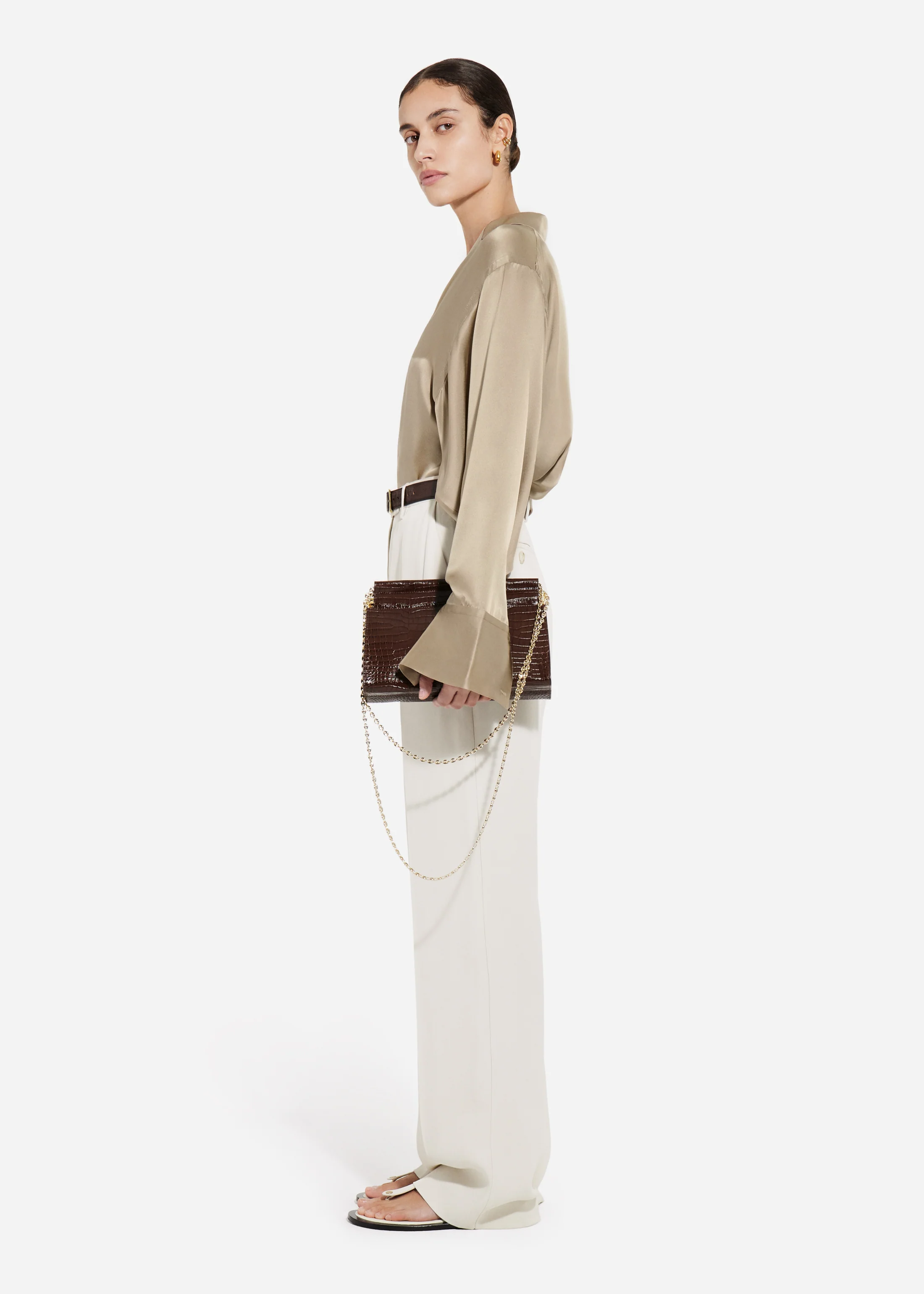 Relaxed Button Down Shirt in Silk Charmeuse - Sesame - Image 2