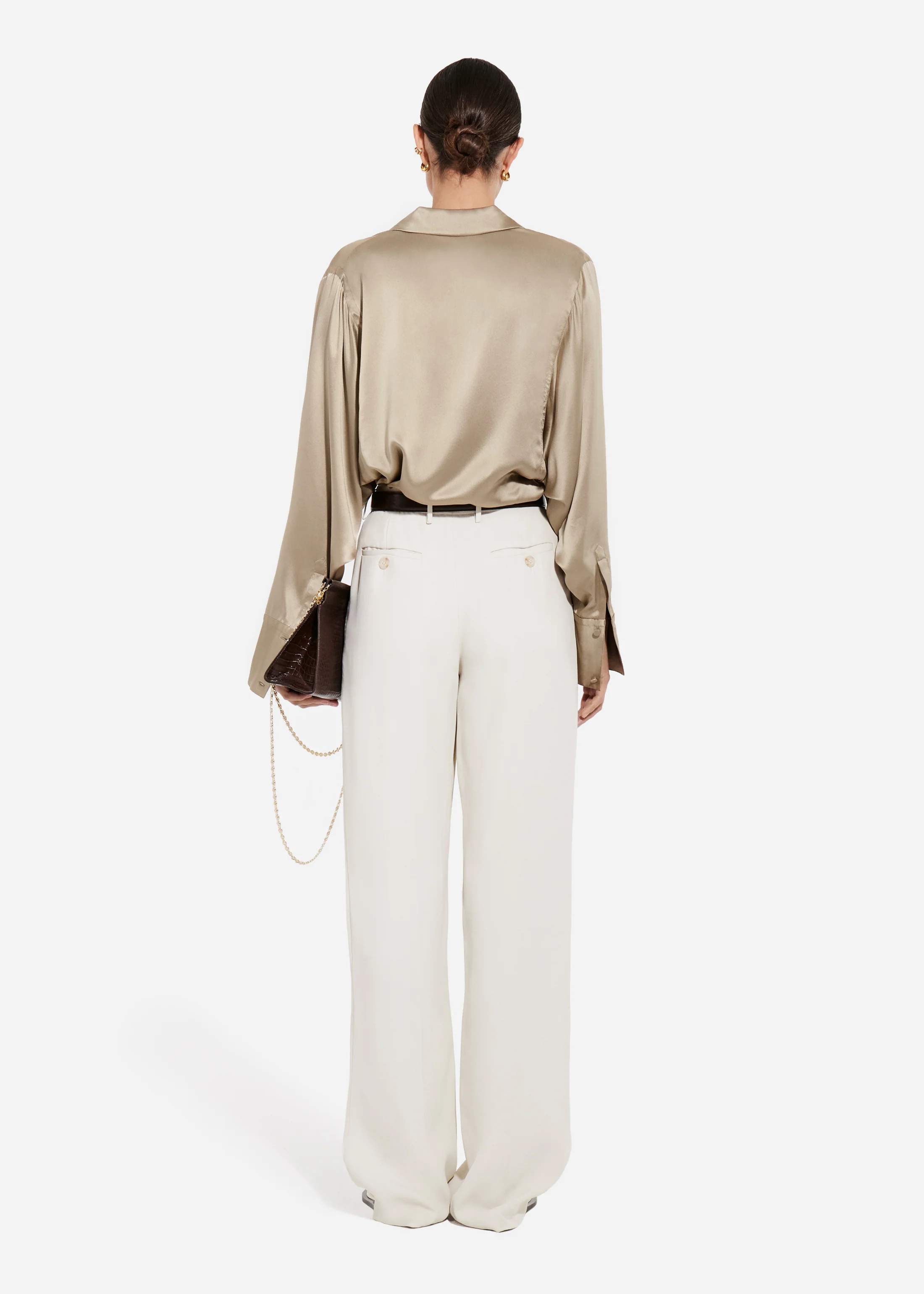 Relaxed Button Down Shirt in Silk Charmeuse - Sesame - Image 3