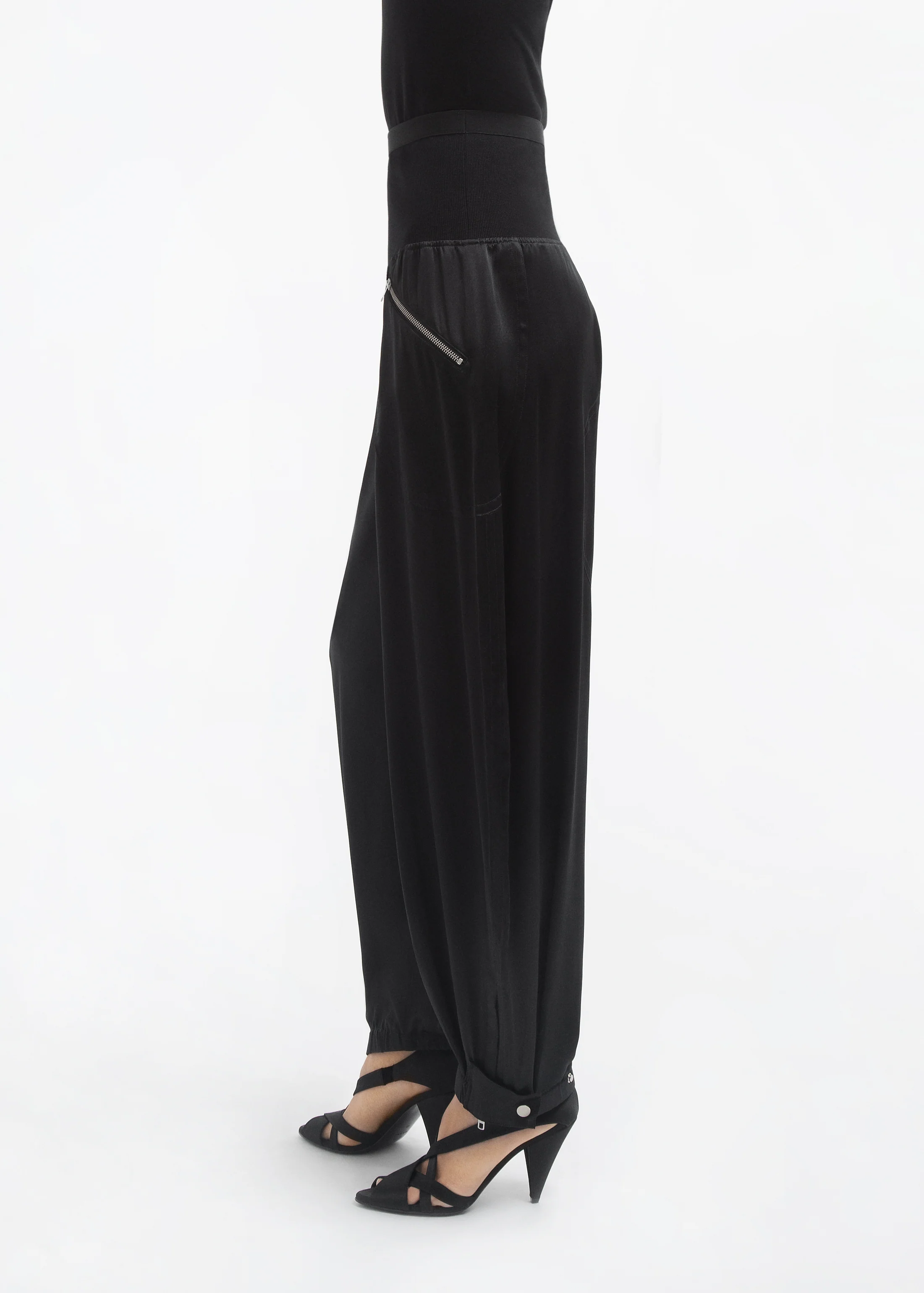 Ribbed Jogger in Silk Charmeuse - Black - Image 3