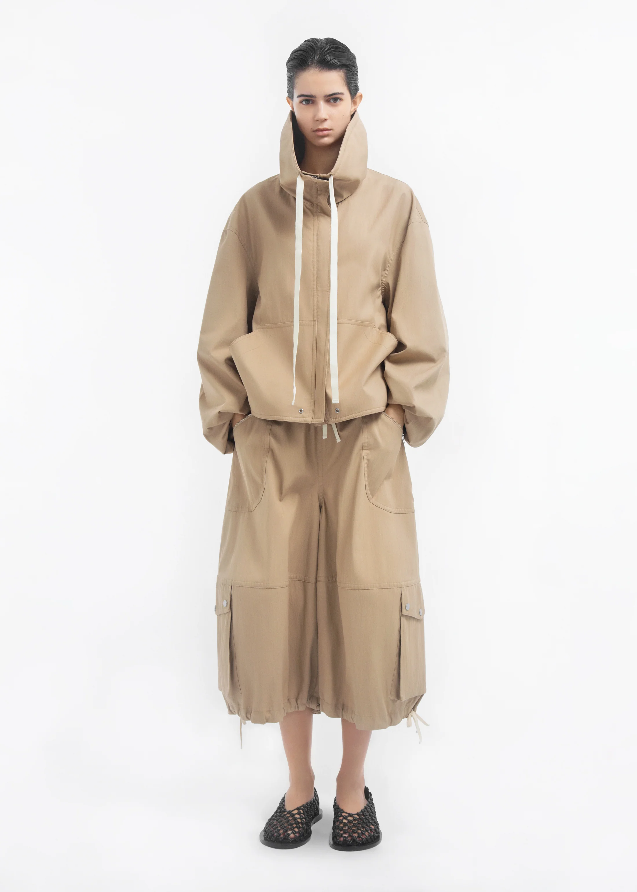 Rolled Collar Jacket in Cotton Twill - Camel - Image 4