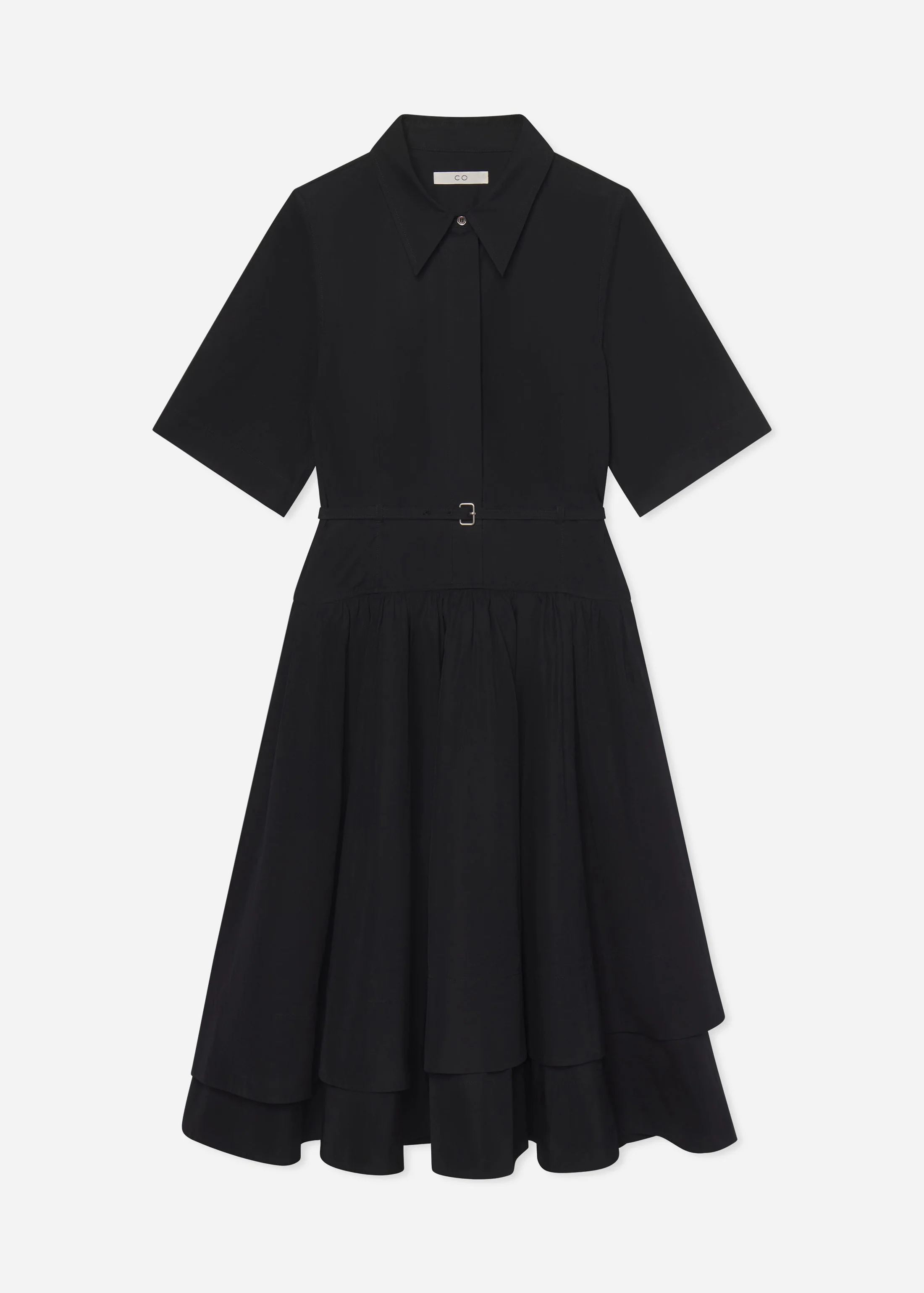 Short Sleeve Belted Dress in Cotton Poplin -  Black - Image 7