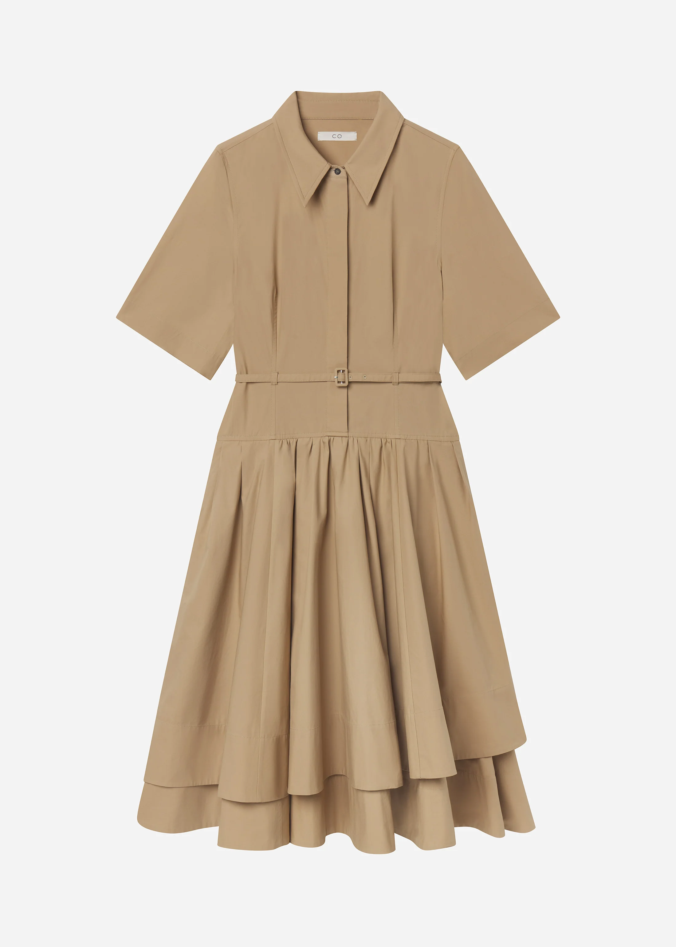 Short Sleeve Belted Dress in Cotton Poplin - Camel - Image 3