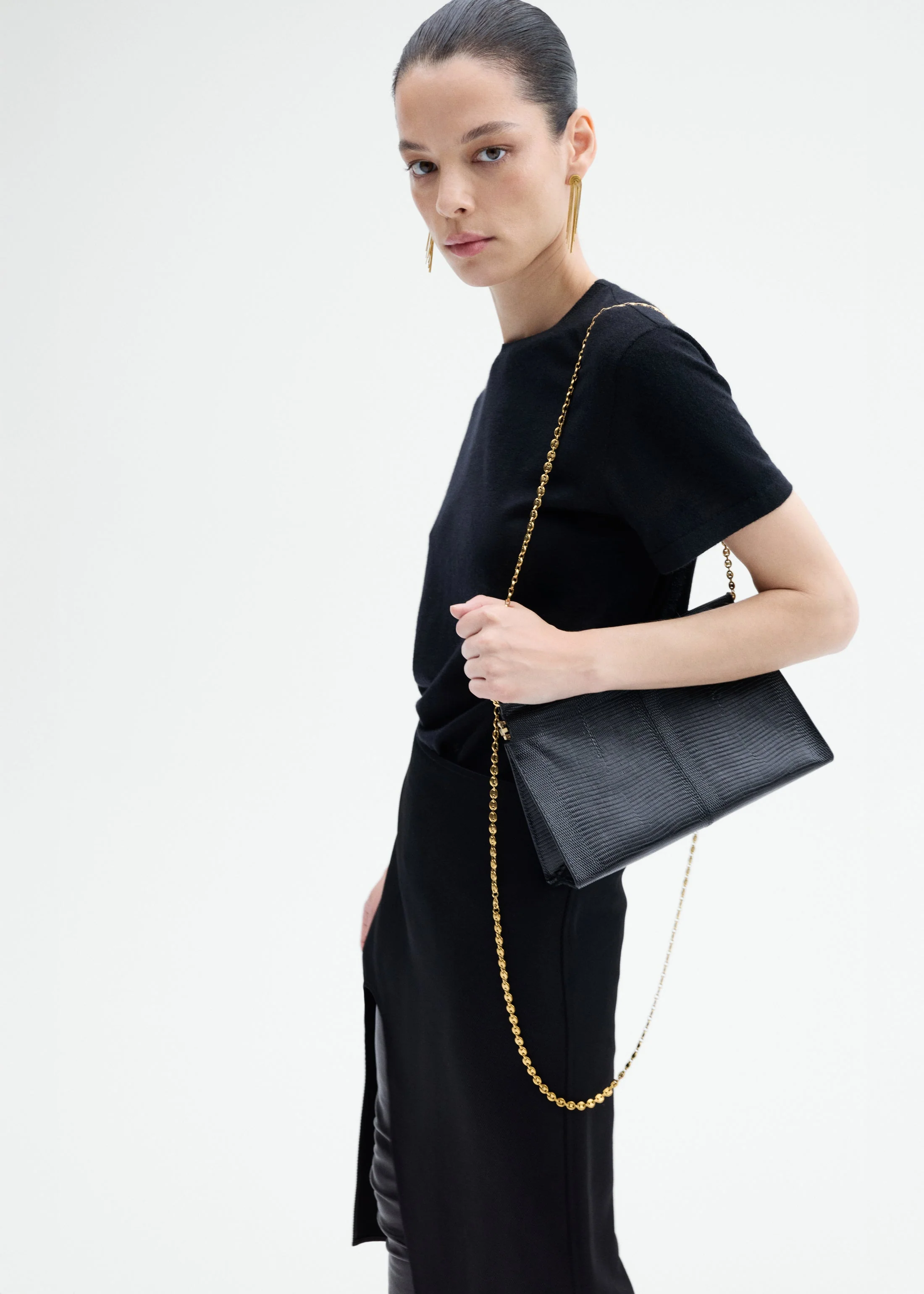 Small Leather Clutch with Chain - Black - Image 6