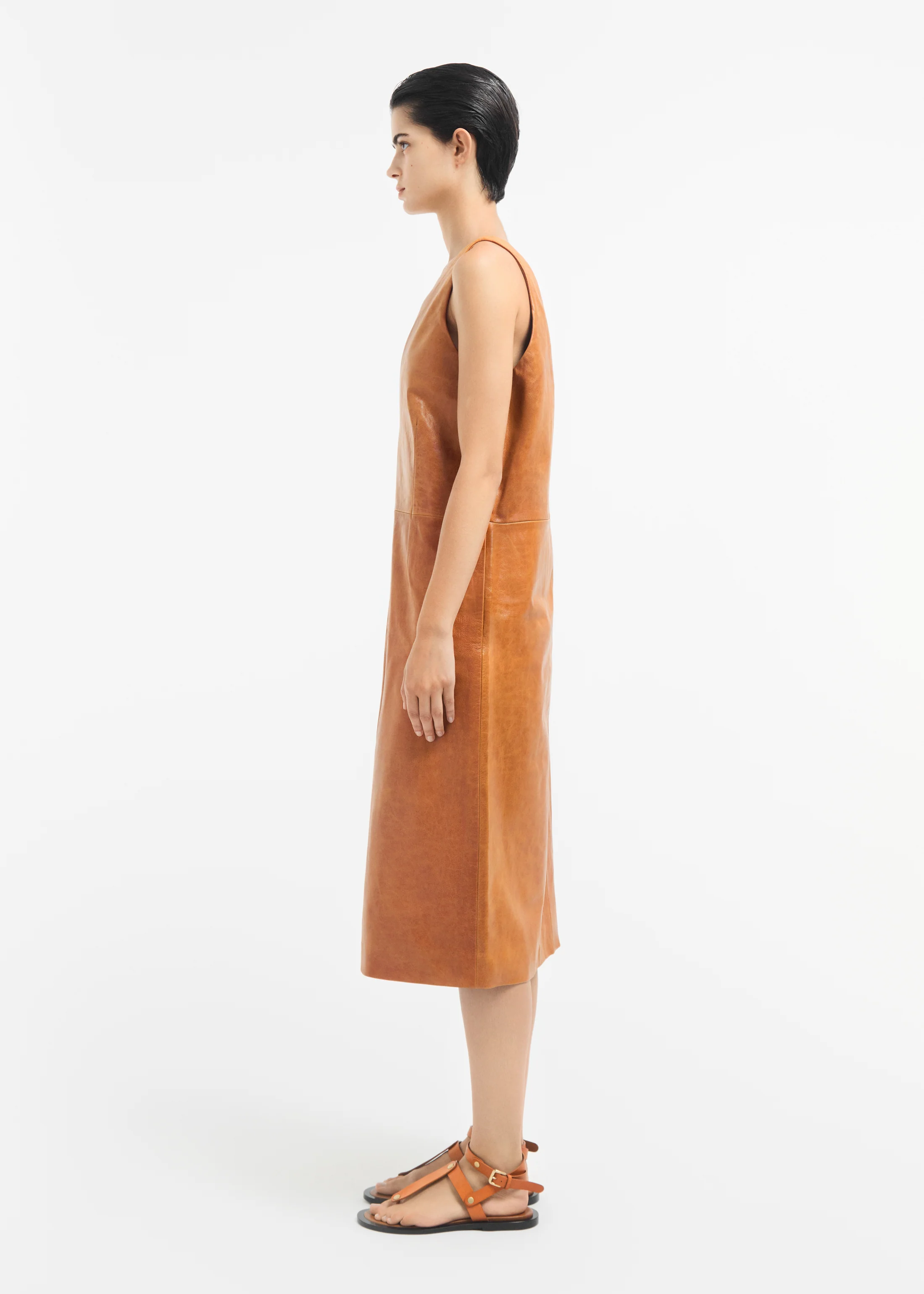 V-Neck Dress in Leather - Cognac - Image 3