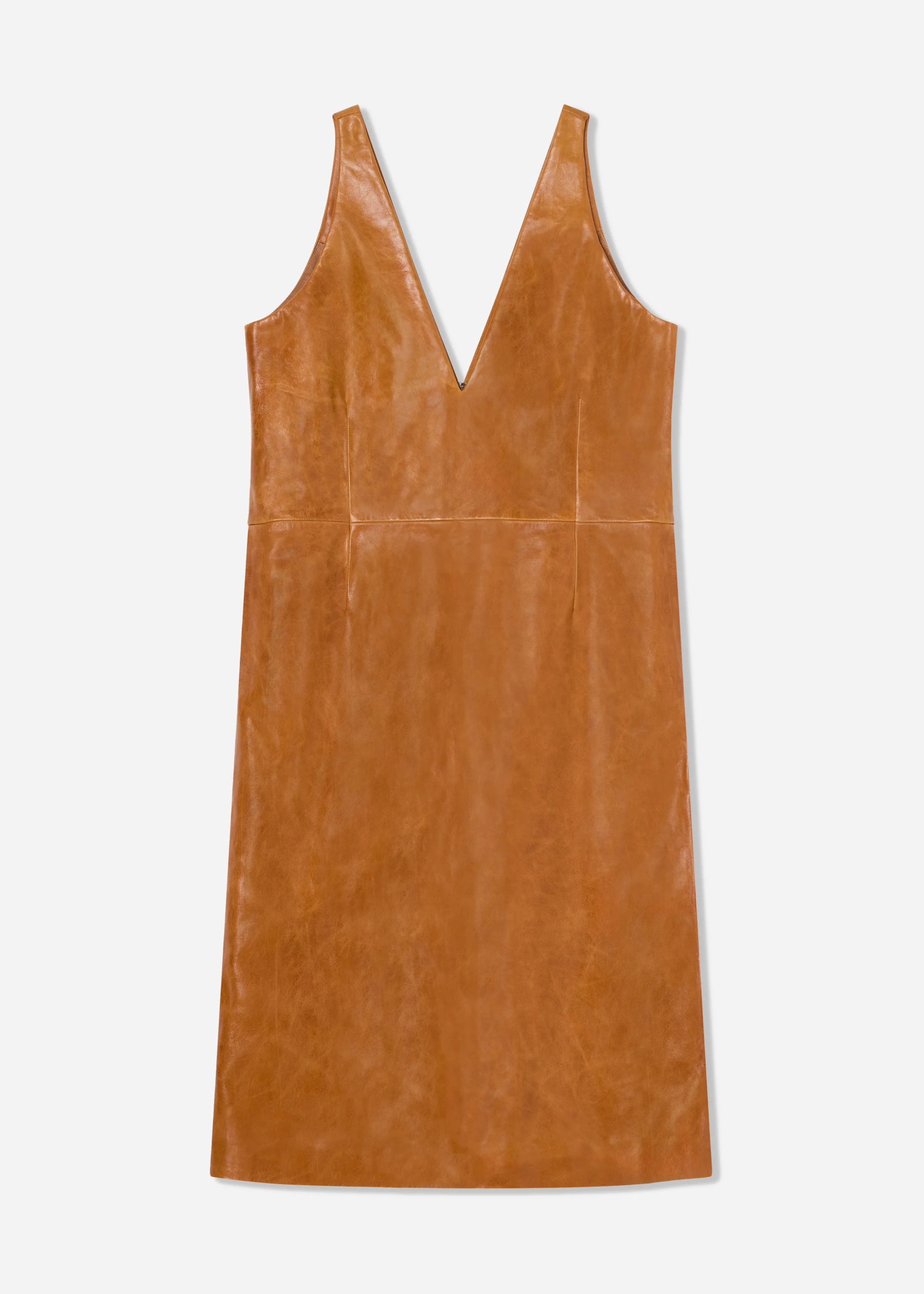 V-Neck Dress in Leather - Cognac - Image 4