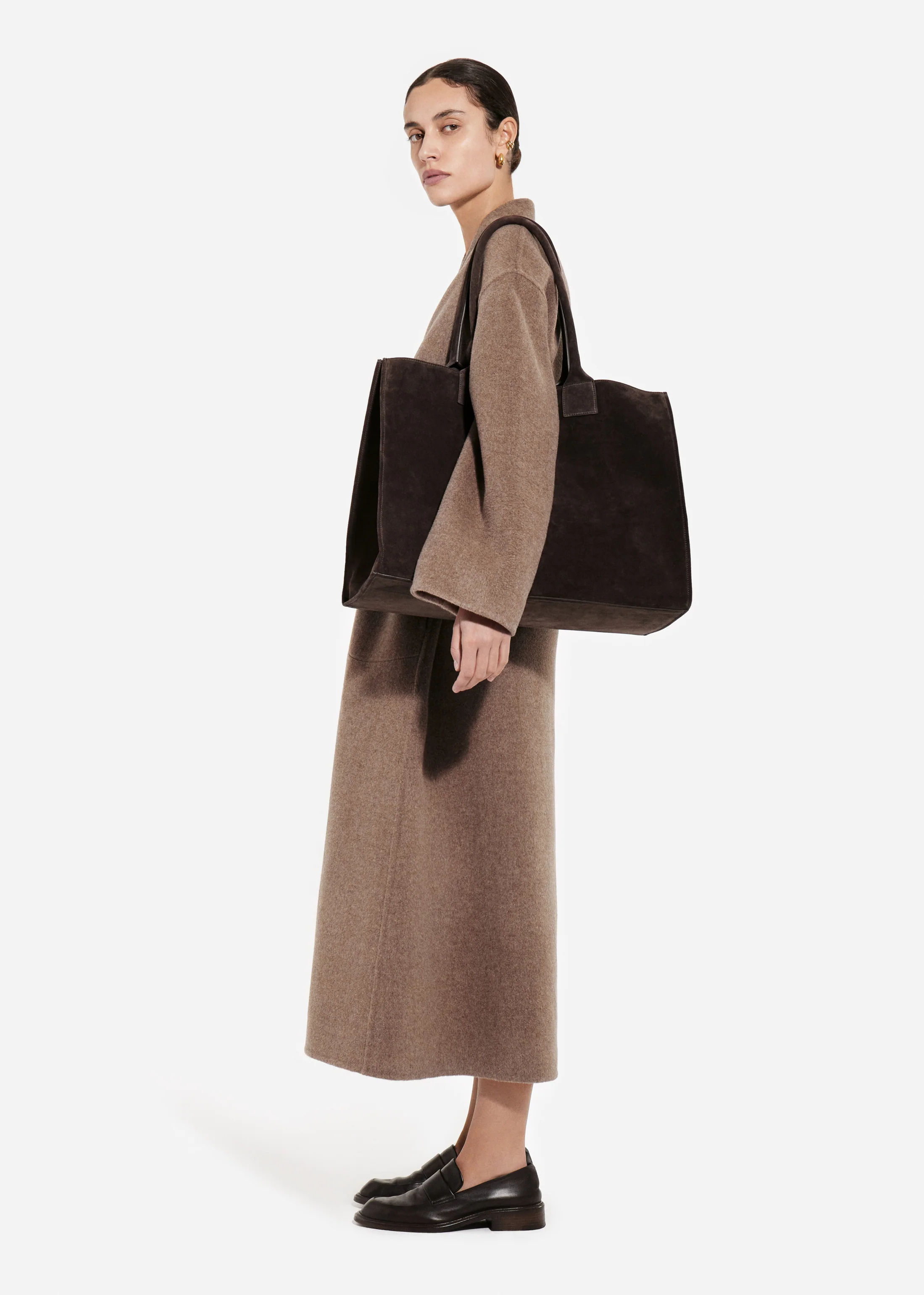 Wrap Coat in Double Faced Wool Cashmere  - Brown Melange - Image 3